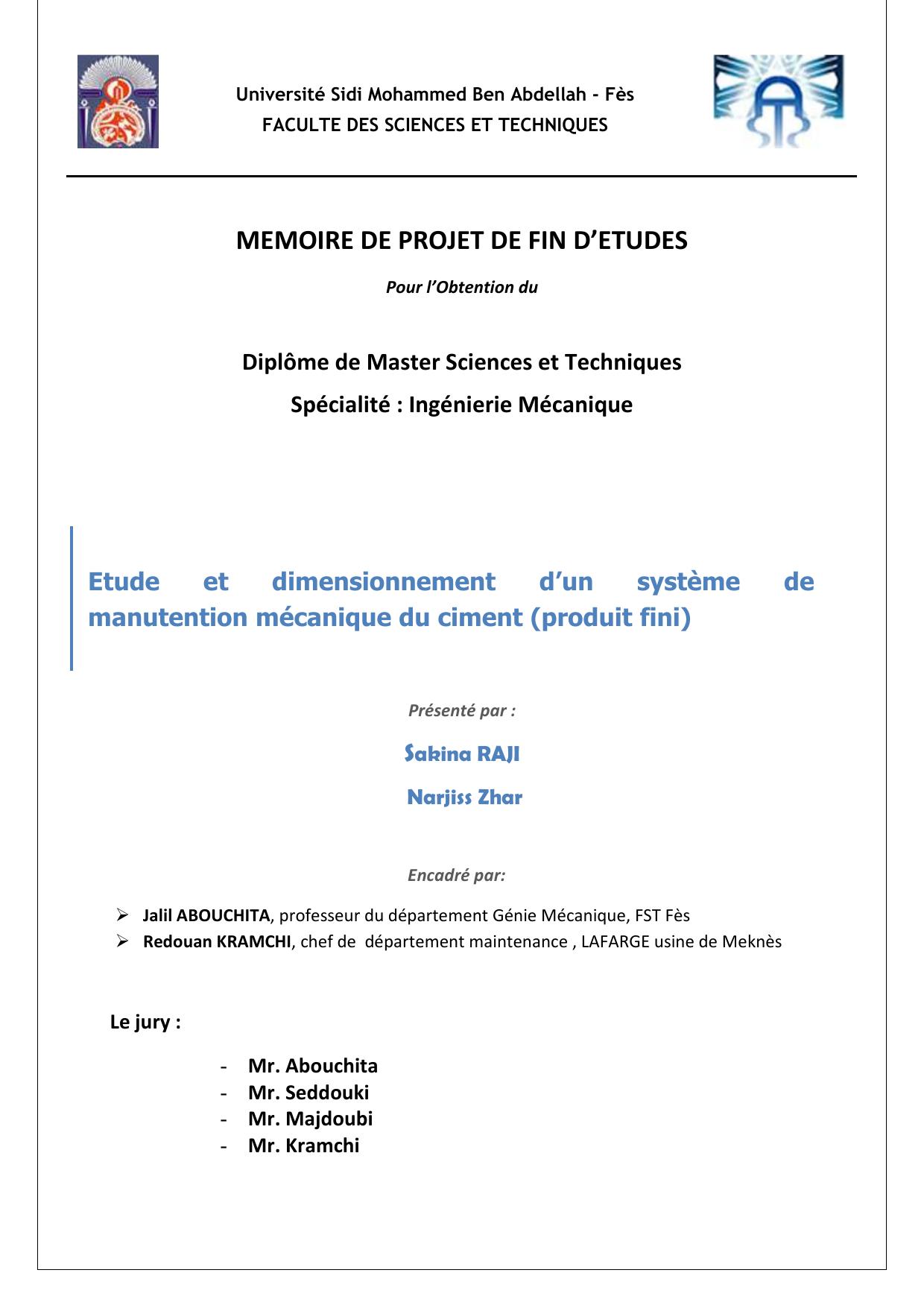 Etude et dimensionnement d'un système de manutention mécanique du ciment (Produit fini)