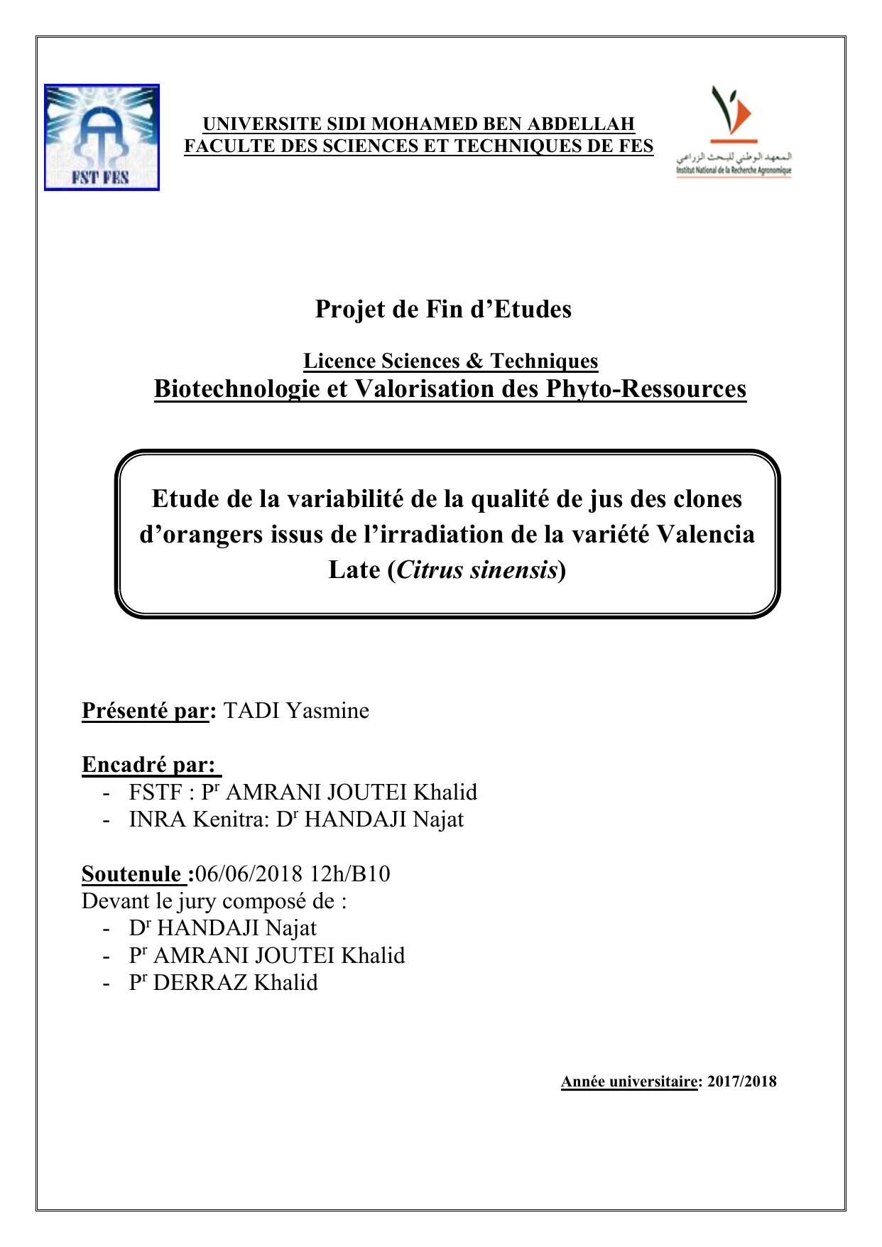 Etude de la variabilité de la qualité de jus des clones d’orangers issus de l’irradiation de la variété Valencia Late (Citrus sinensis)