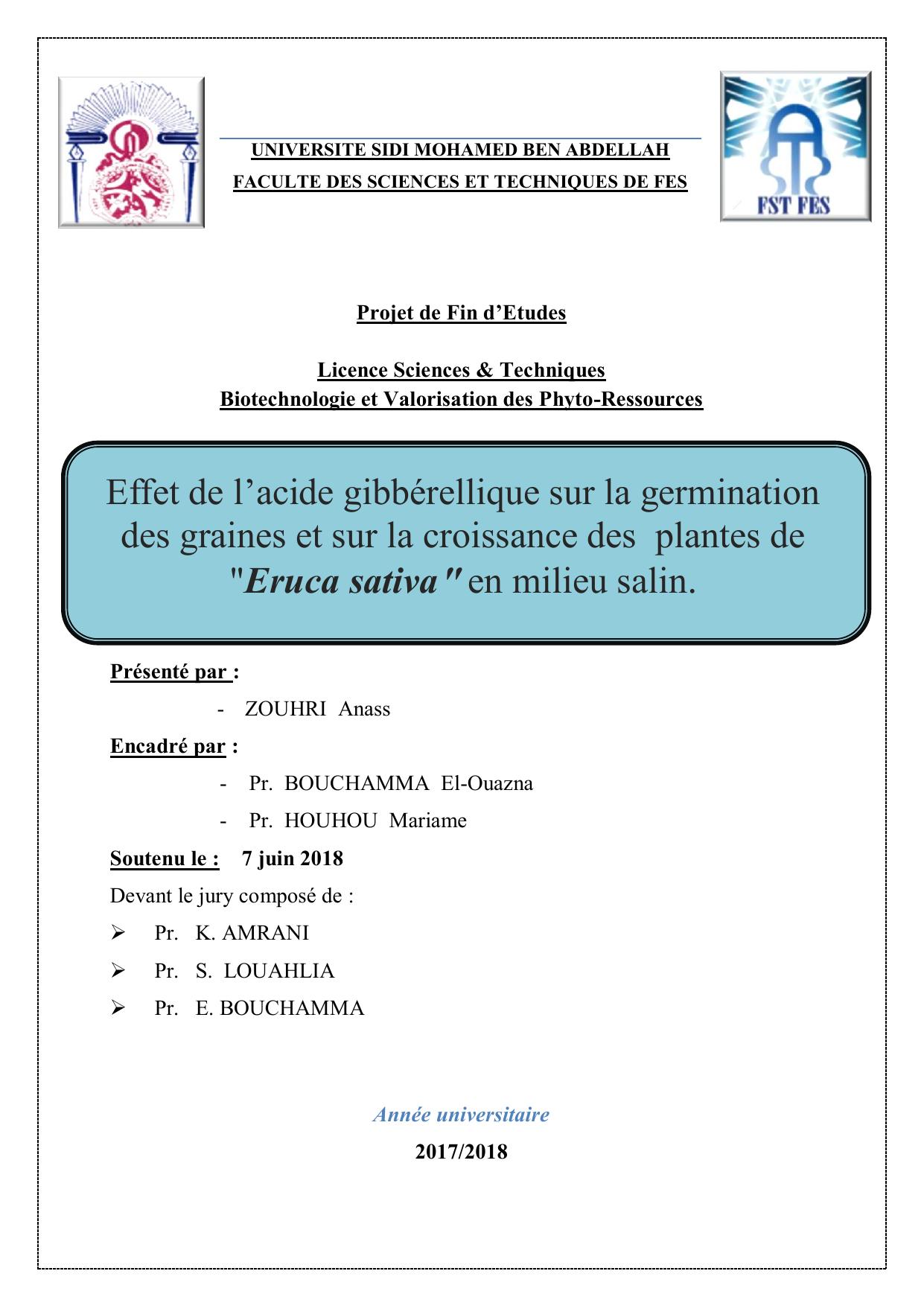 Effet de l’acide gibbérellique sur la germination des graines et sur la croissance des plantes de "Eruca sativa" en milieu salin