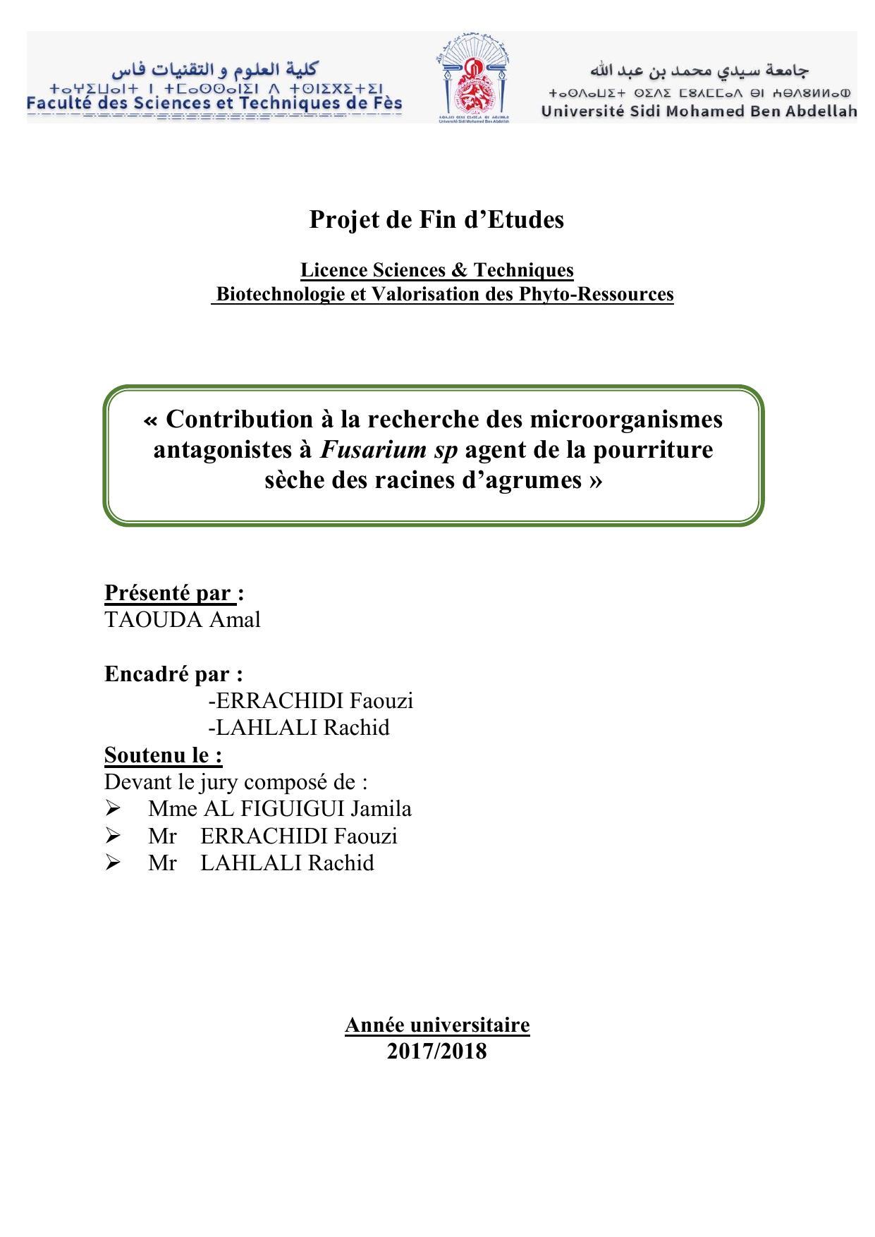 Contribution à la recherche des microorganismes antagonistes à Fusarium sp agent de la pourriture sèche des racines d’agrumes