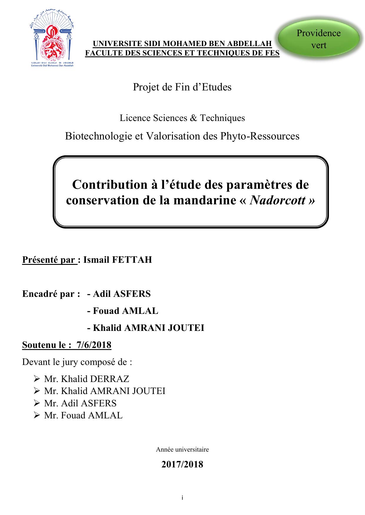 Contribution à l’étude des paramètres de conservation de la mandarine « Nadorcott »