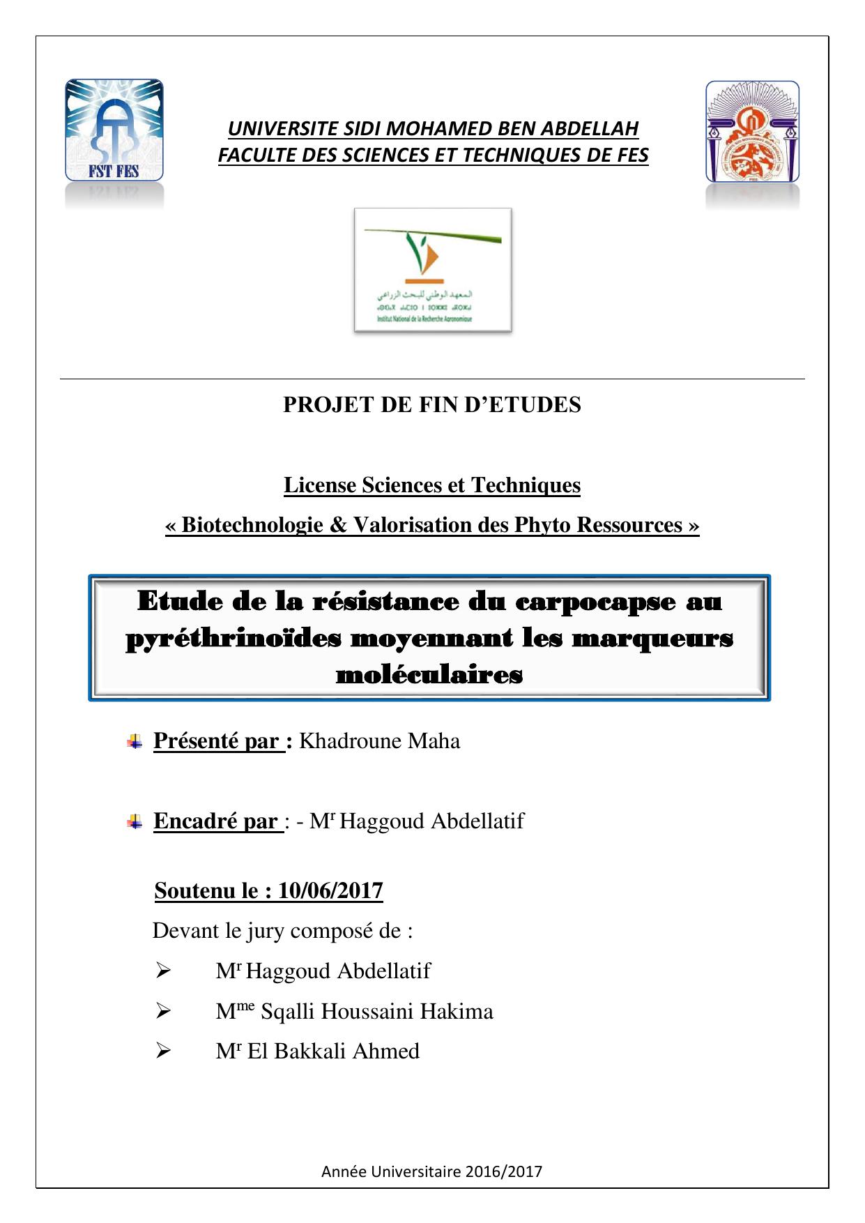 Etude de la résistance du carpocapse au pyréthrinoïdes moyennant les marqueurs moléculaires