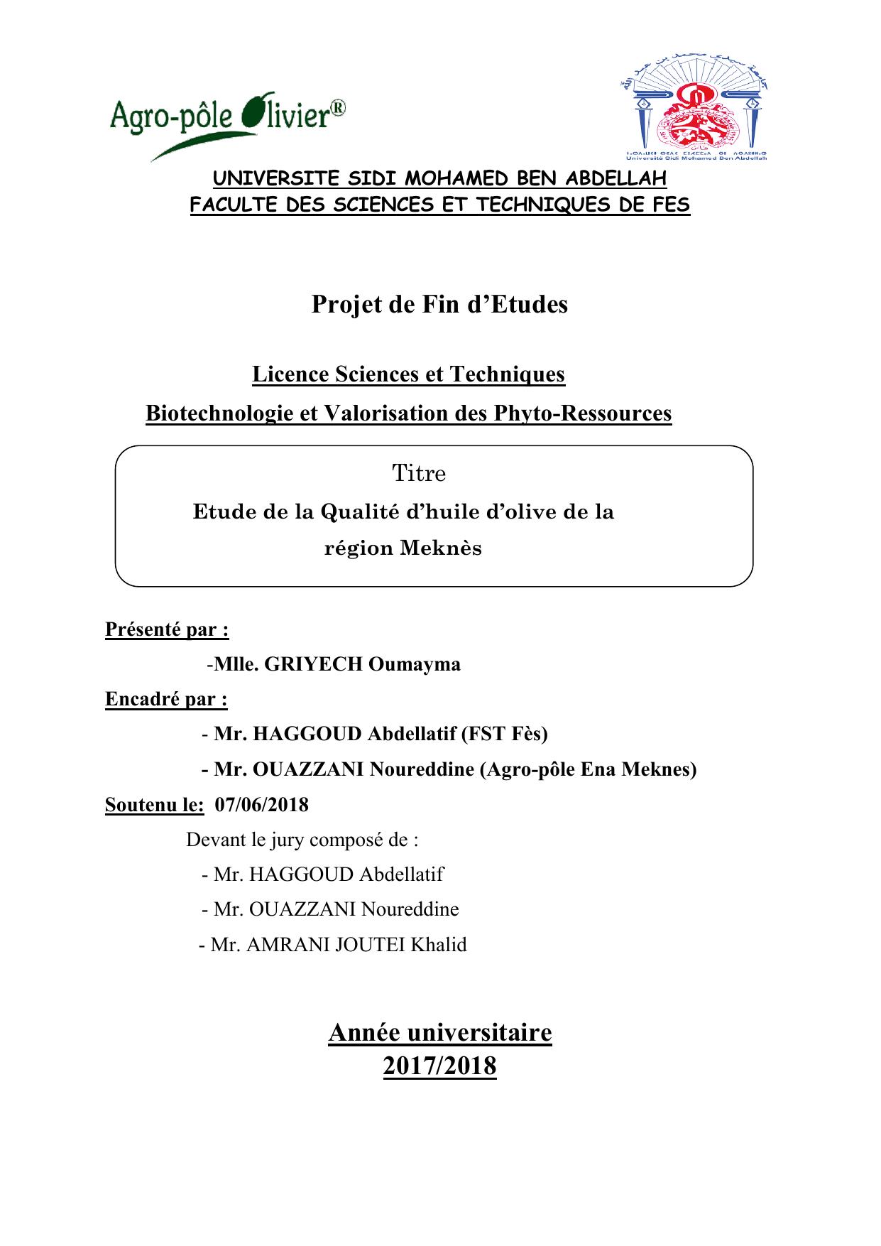 Etude de la Qualité d’huile d’olive de la région Meknès