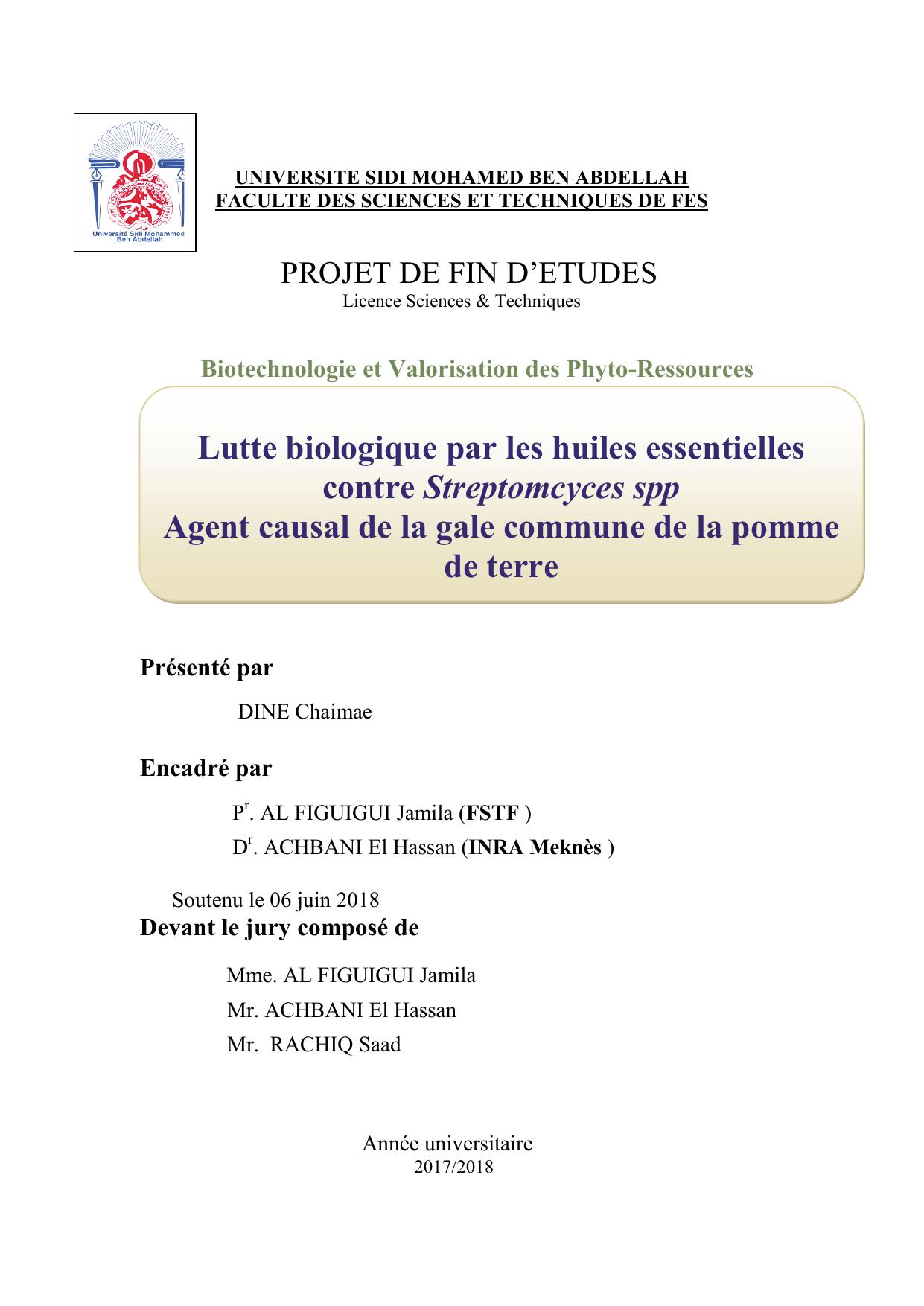 Lutte biologique par les huiles essentielles contre Streptomcyces spp Agent causal de la gale commune de la pomme de terre