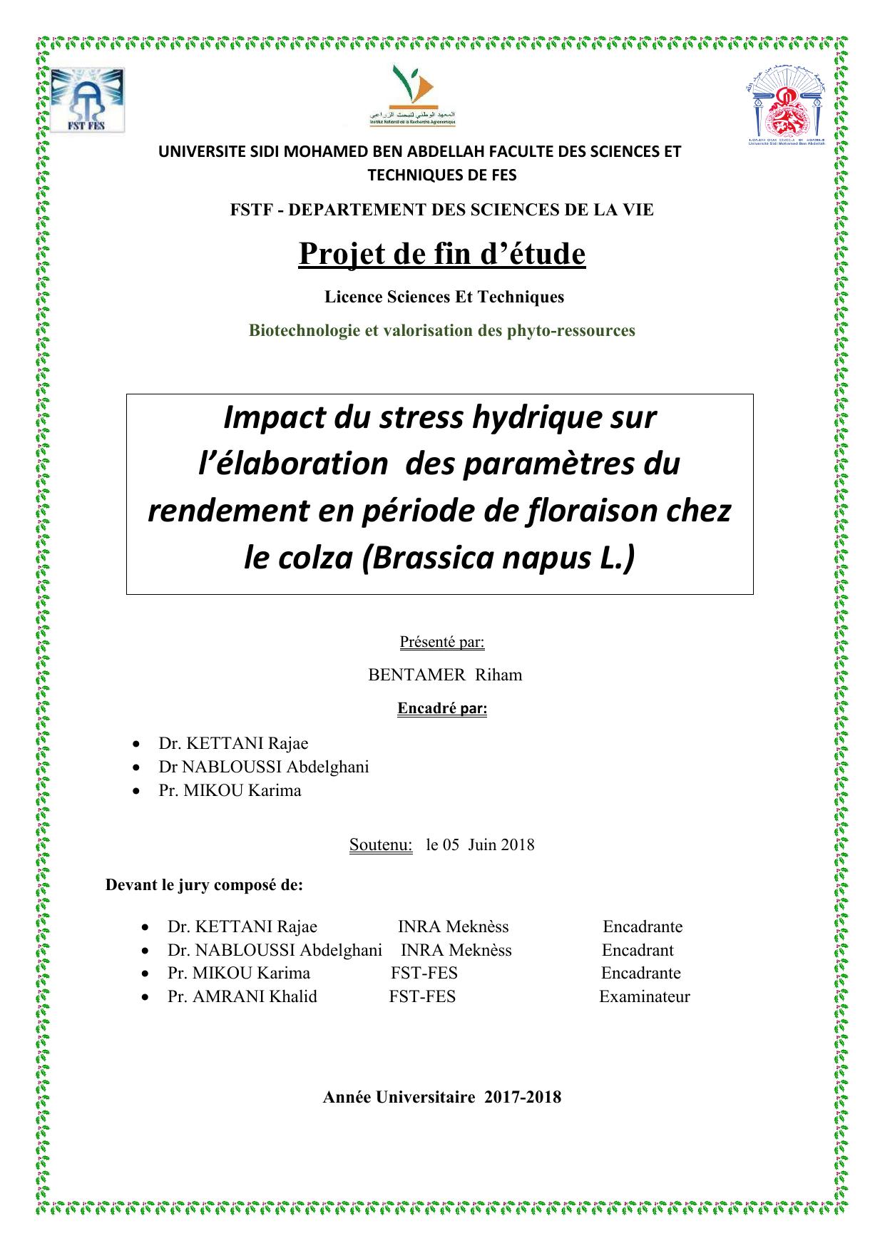 Impact du stress hydrique sur l’élaboration des paramètres du rendement en période de floraison chez le colza (Brassica napus L.)