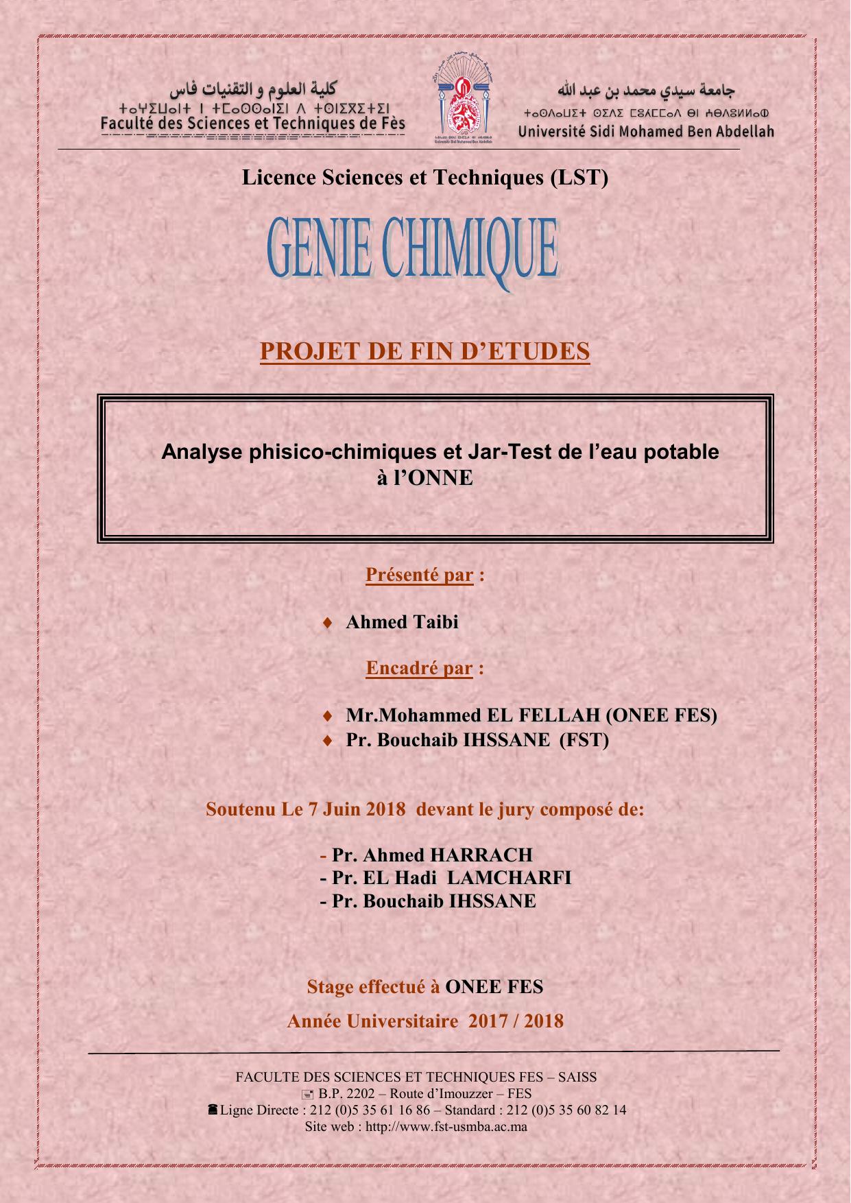 Analyse phisico-chimiques et Jar-Test de l’eau potable à l’ONNE