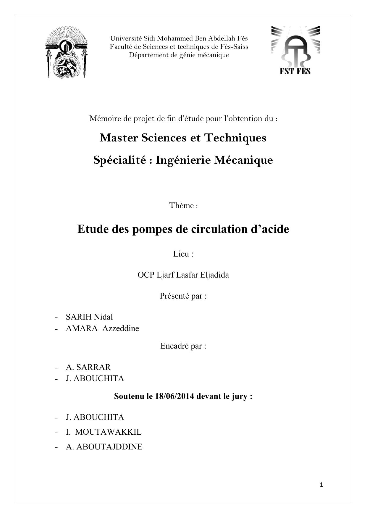 Etude des pompes de circulation d’acide