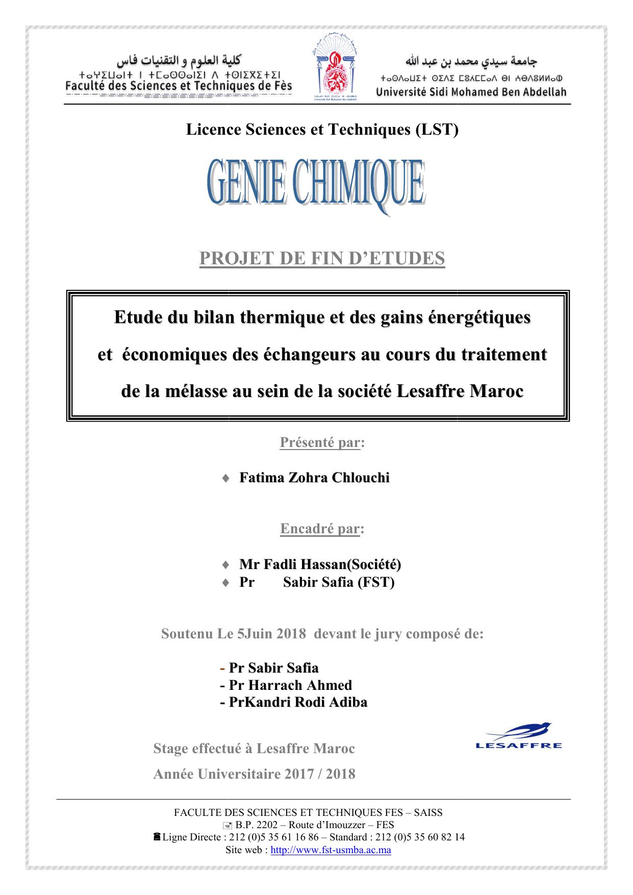 Etude du bilan thermique et des gains énergique et économiques des échangeurs au cours du traitement de la mélasse au sein de la société Lesaffre Maroc