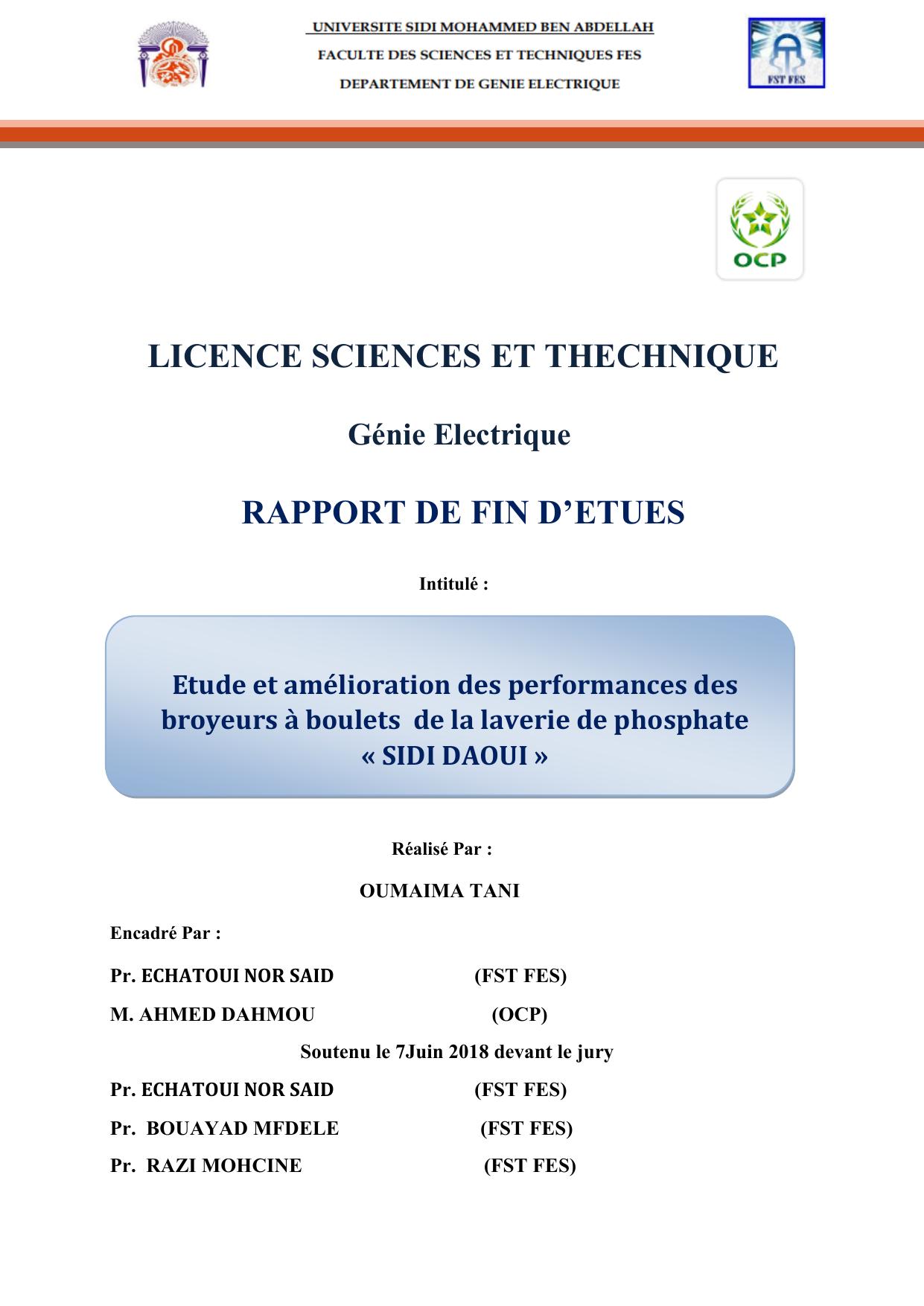 Etude et amélioration des performances des broyeurs à boulets de la laverie de phosphate « SIDI DAOUI »