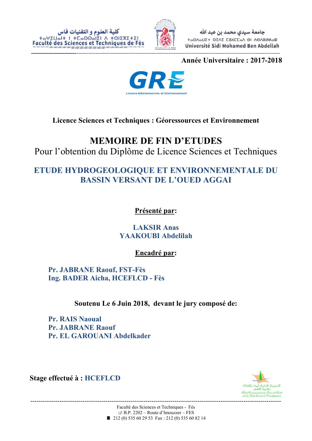 Etude hydrogéologique et environnementale du bassin versant de l'Oued AGGAI