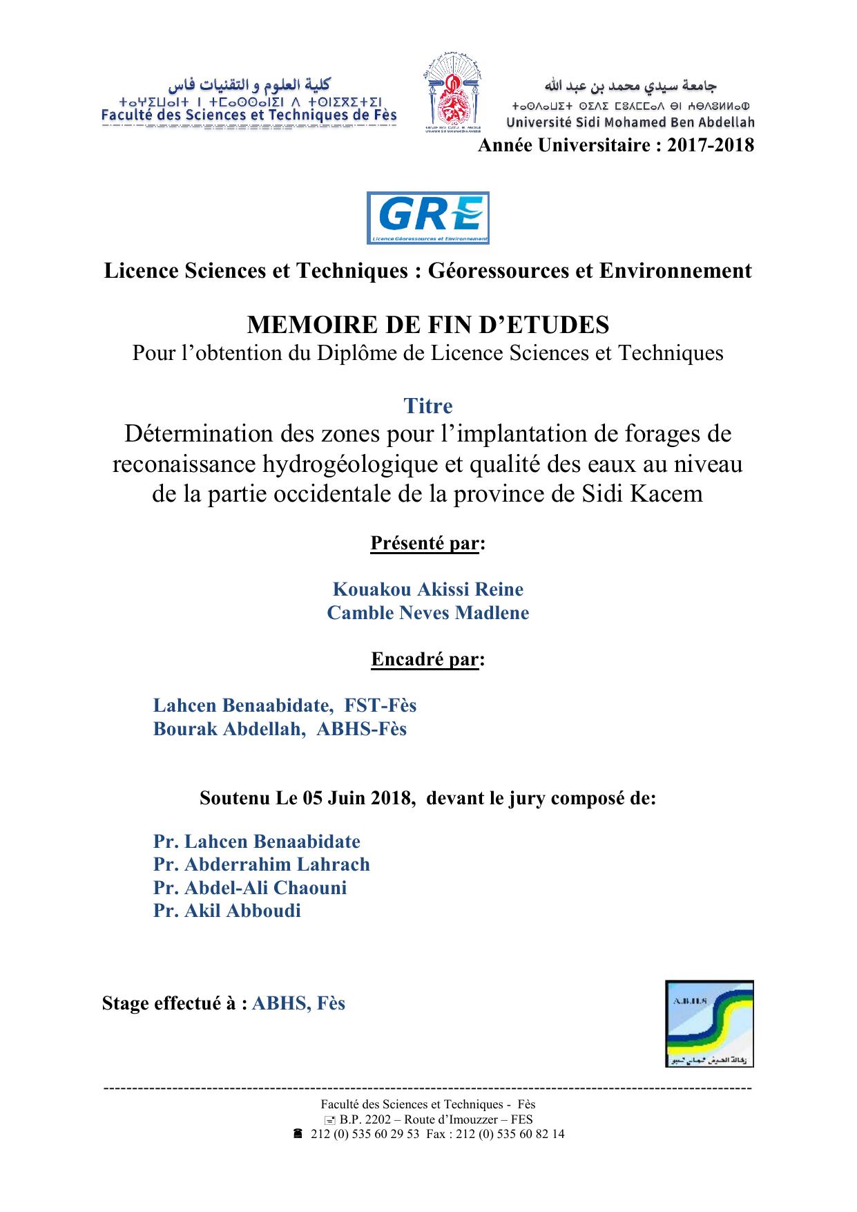 Détermination des zones pour l’implantation de forages de reconaissance hydrogéologique et qualité des eaux au niveau de la partie occidentale de la province de Sidi Kacem