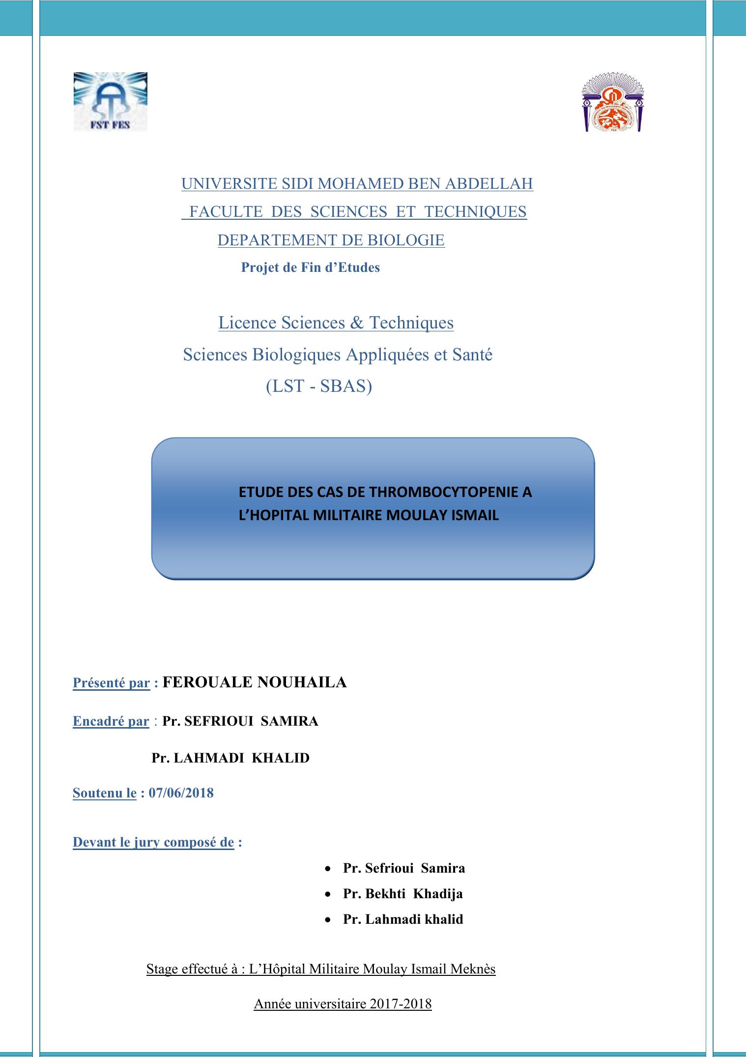 Etude des cas de thrombocytopénie à l'hopital militaire Moulay Ismail