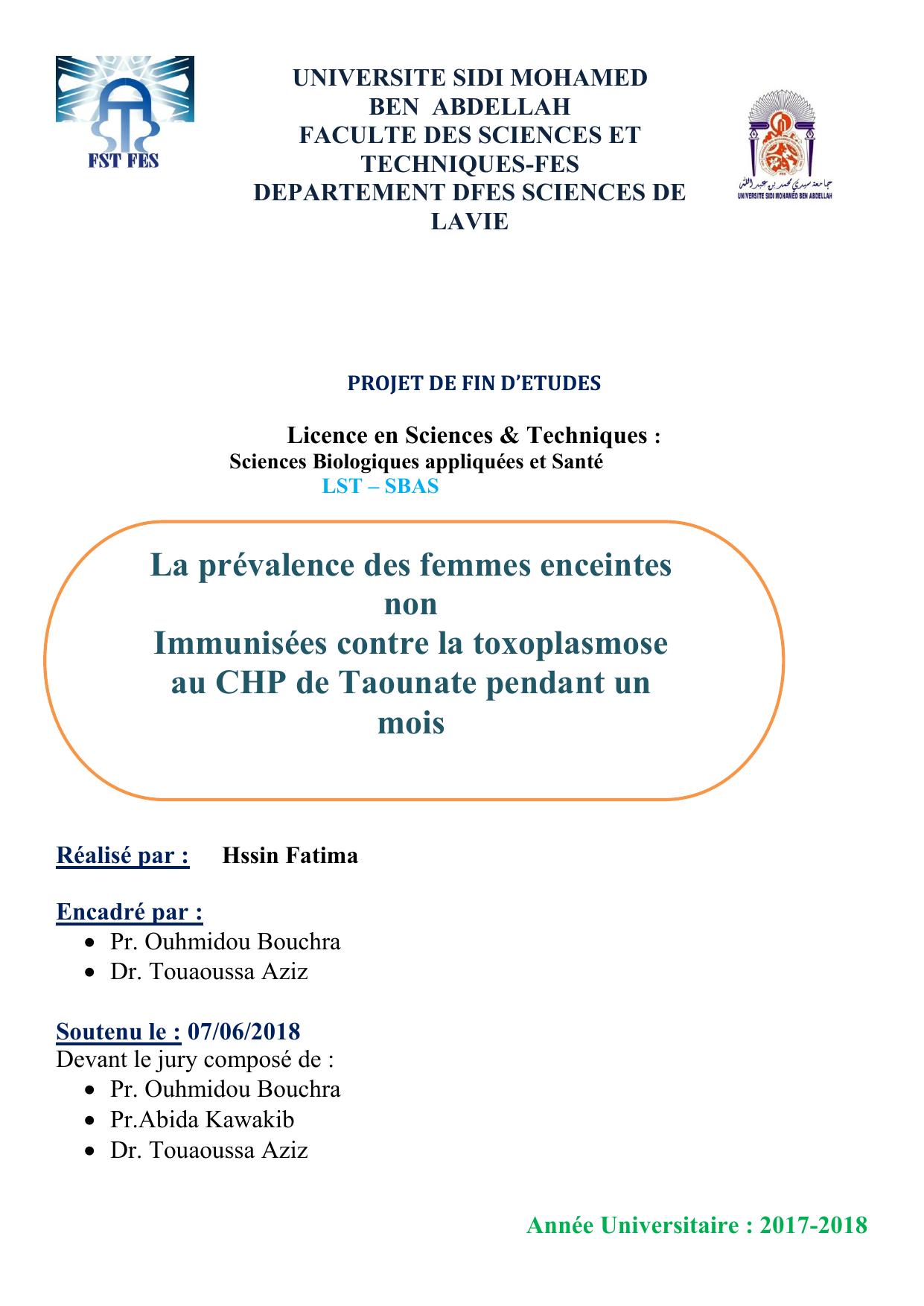 La prévalence des femmes enceintes non Immunisées contre la toxoplasmose au CHP de Taounate pendant un mois