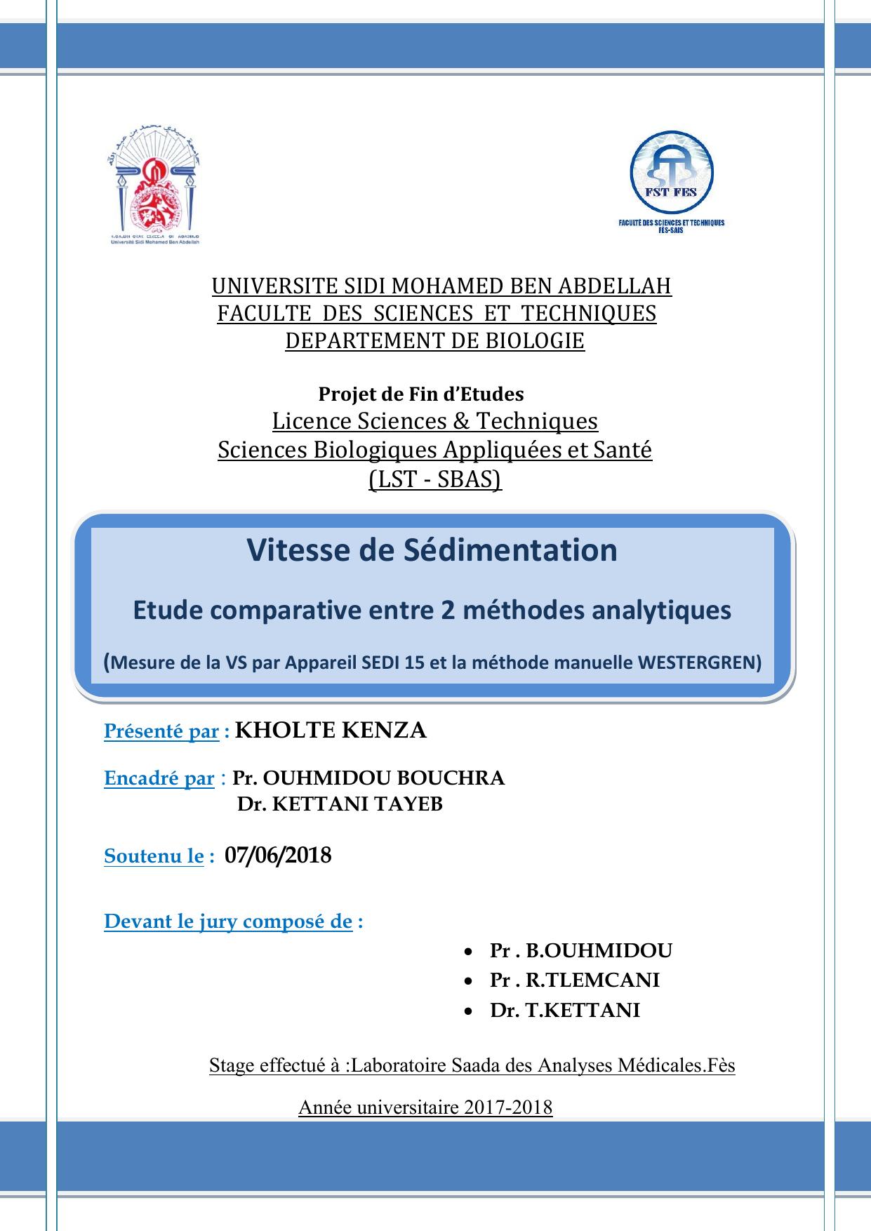 Vitesse de Sédimentation Etude comparative entre 2 méthodes analytiques (Mesure de la VS par Appareil SEDI 15 et la méthode manuelle WESTERGREN)