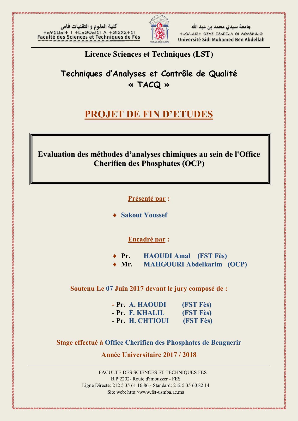 Evaluation des méthodes d’analyses chimiques au sein de l'Ofiice Cherifien des Phosphates (OCP)