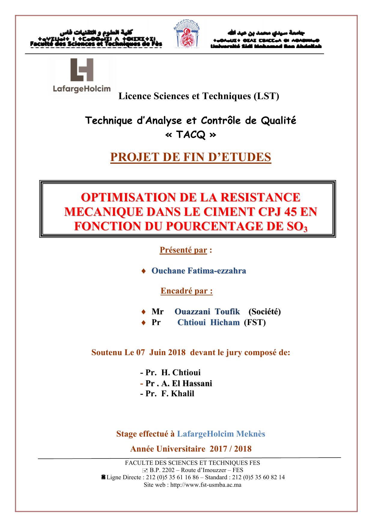 Optimisation de la risistance mécanique dans le ciment CPJ 45 en fonction du pourcentage de SO3