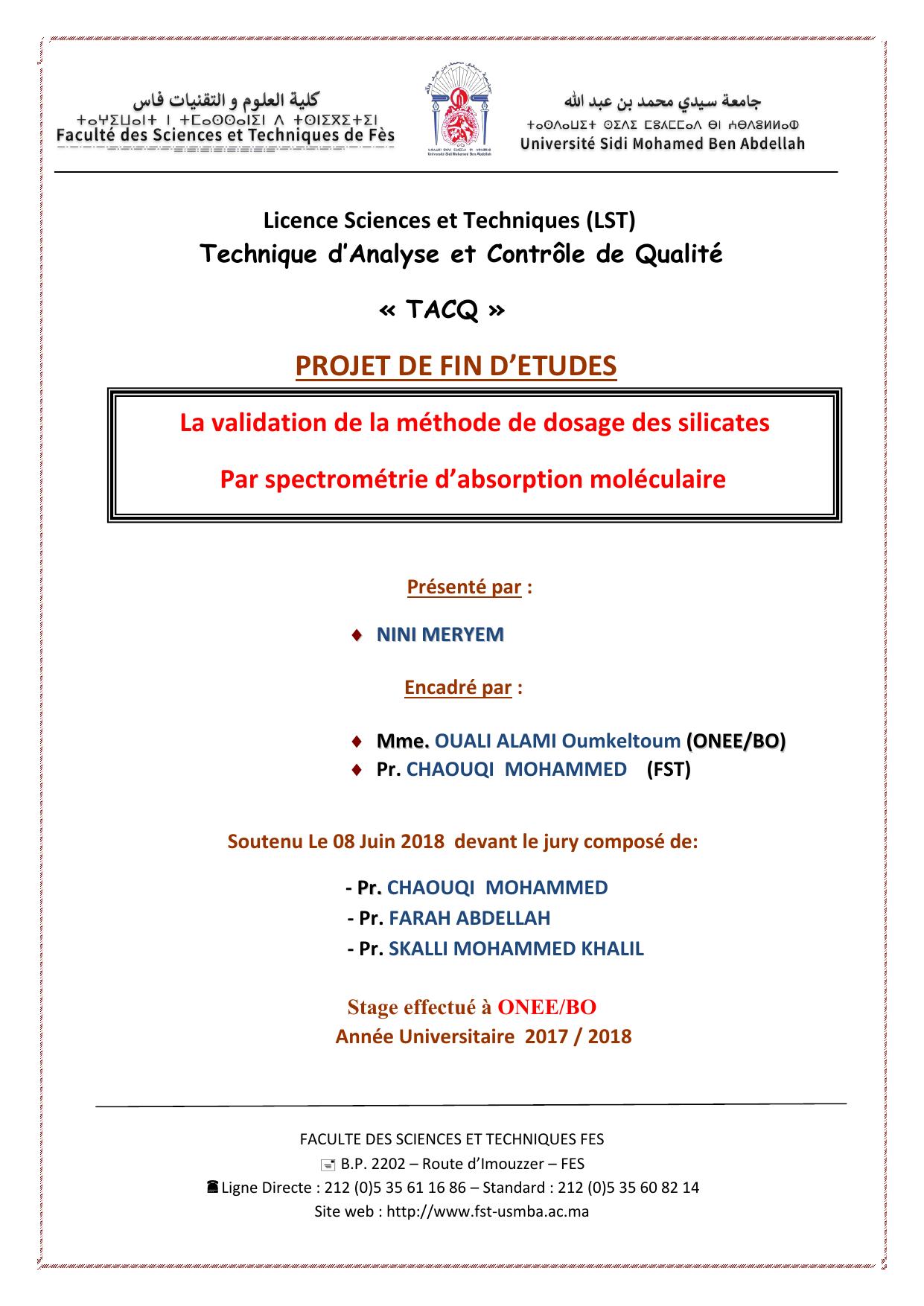 La valisation de la méthode de dosage des silicates par spectrométrie d'absorption moléculaire