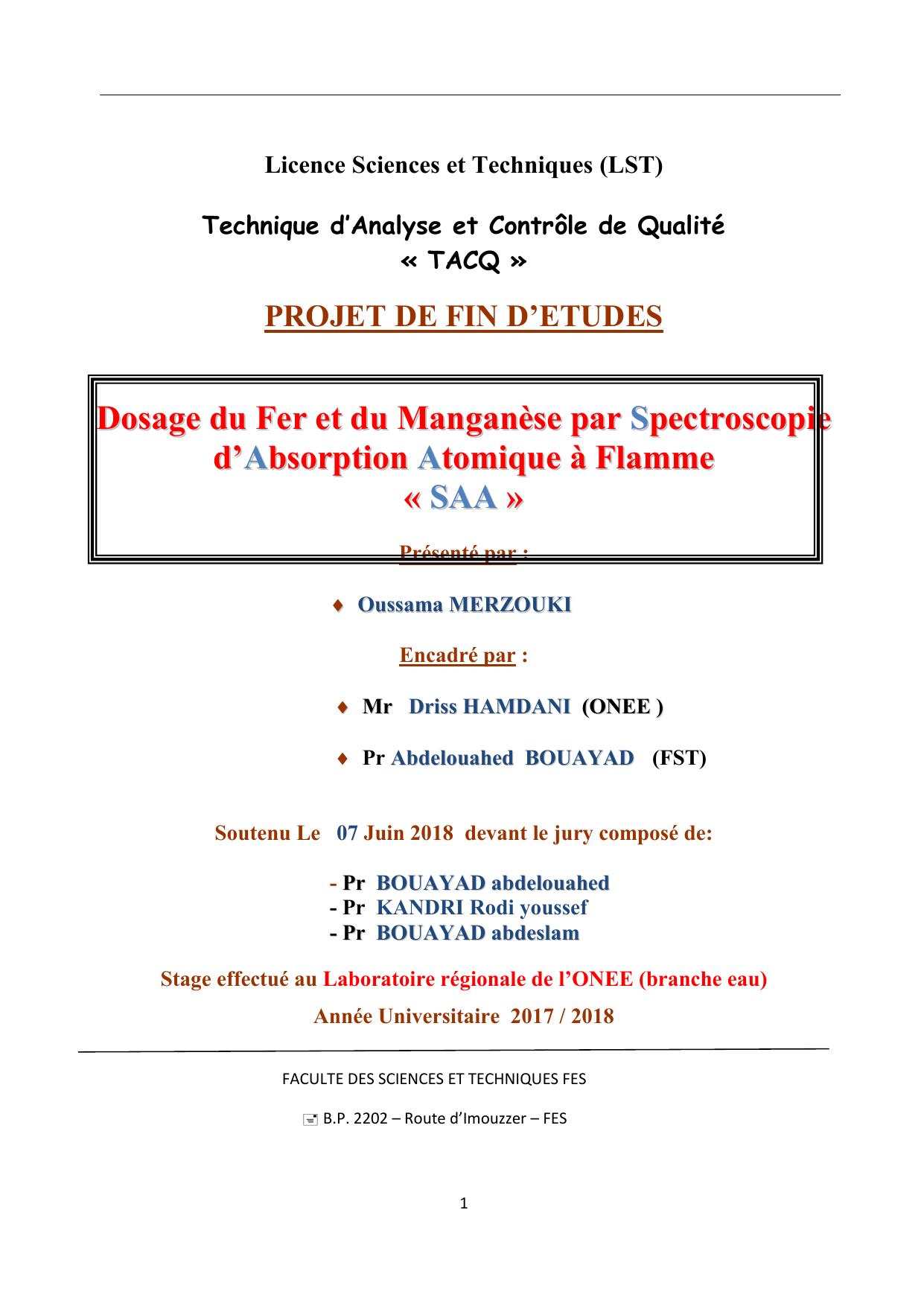 Dosage du Fer ett du Manganèse par Specttroscopiie d’’Absorpttiion Attomiique à Fllamme « SAA »