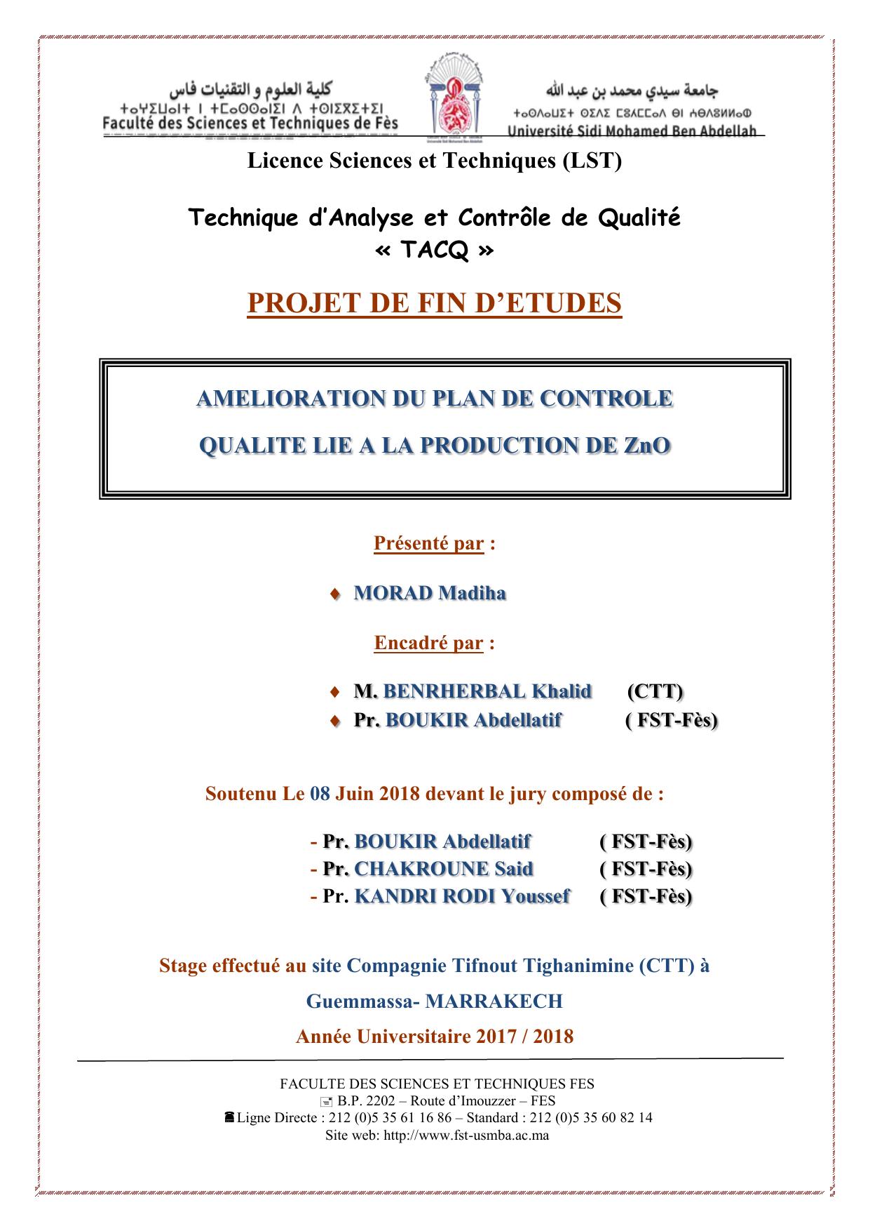 Amélioration du plan de contrôle qualité lié à la production de ZnO