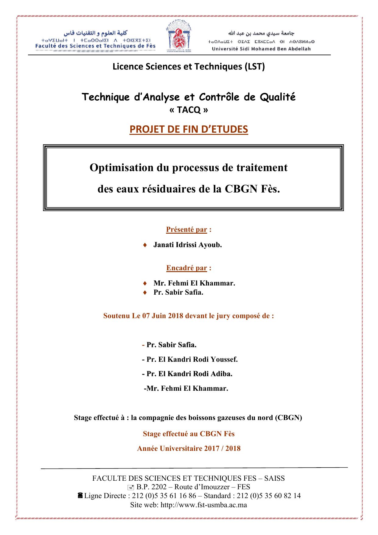 Optimisation du processus de traitement des eaux résiduaires de la CBGN Fès