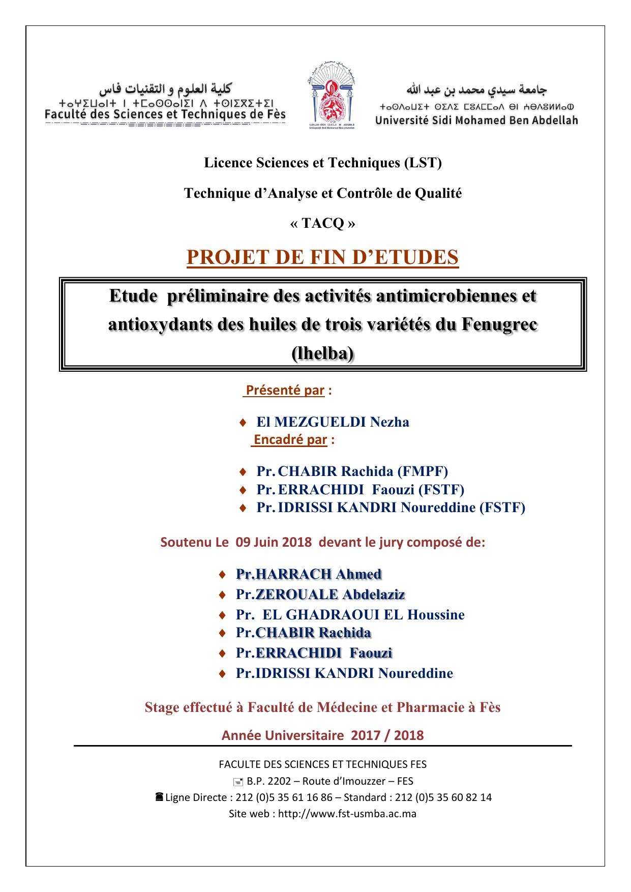 Etude préliminaire des activités antimicrobiennes et antioxydants des huiles de trois variétés du Fenugrec (lhelba)