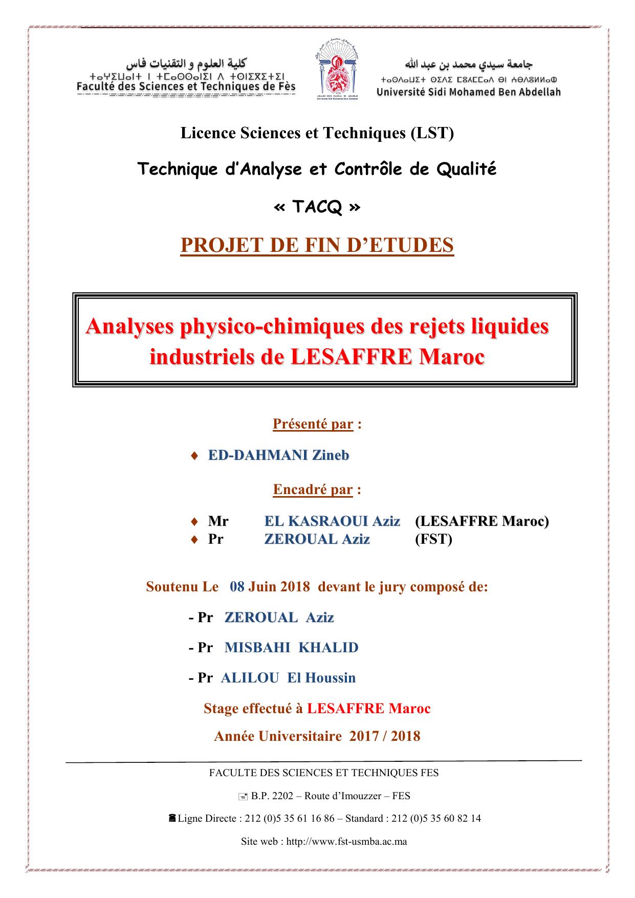 Analyses physico-chimiques des rejets liquides industriels de LESAFFRE Maroc