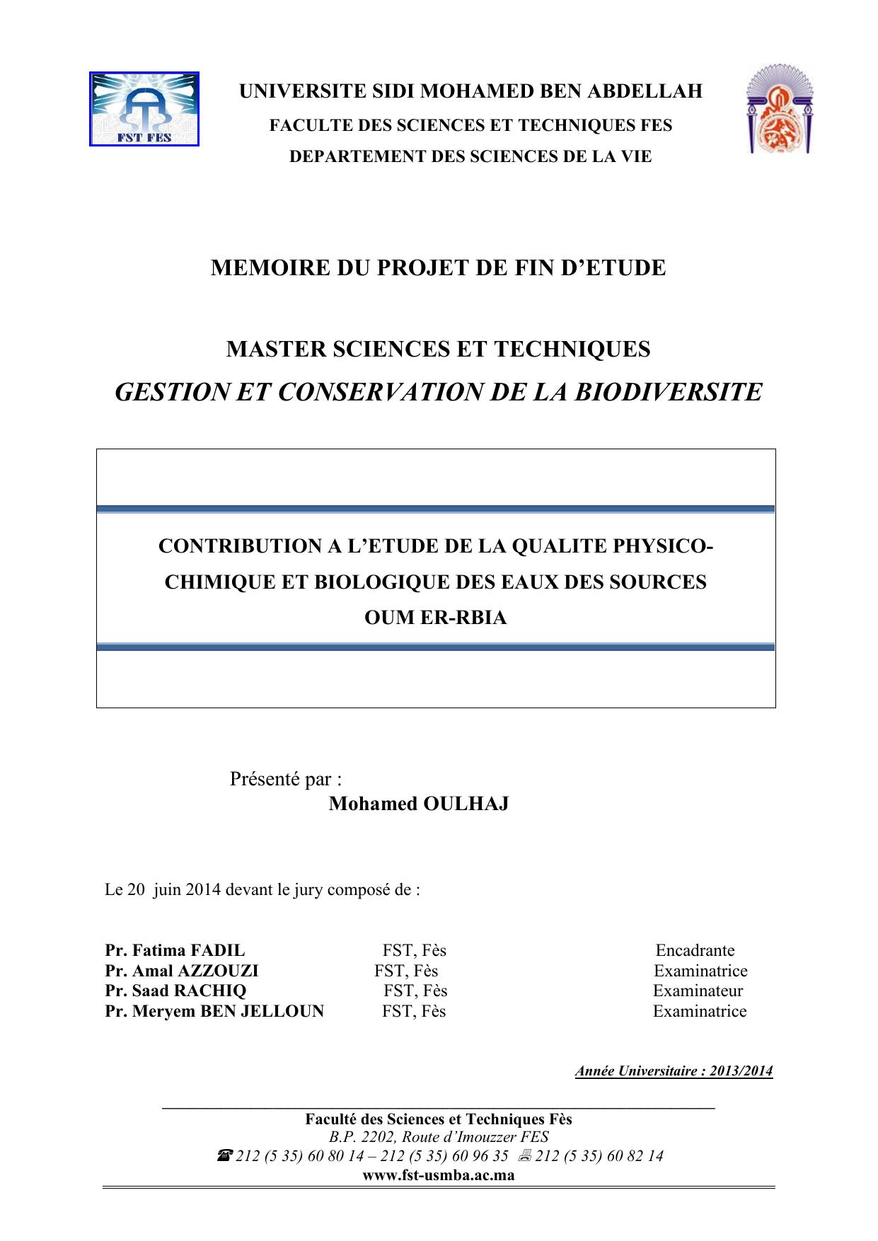 Contribution à l'étude de la qualité physico-chimique et biologique des eaux des sources Oum Er-rbia