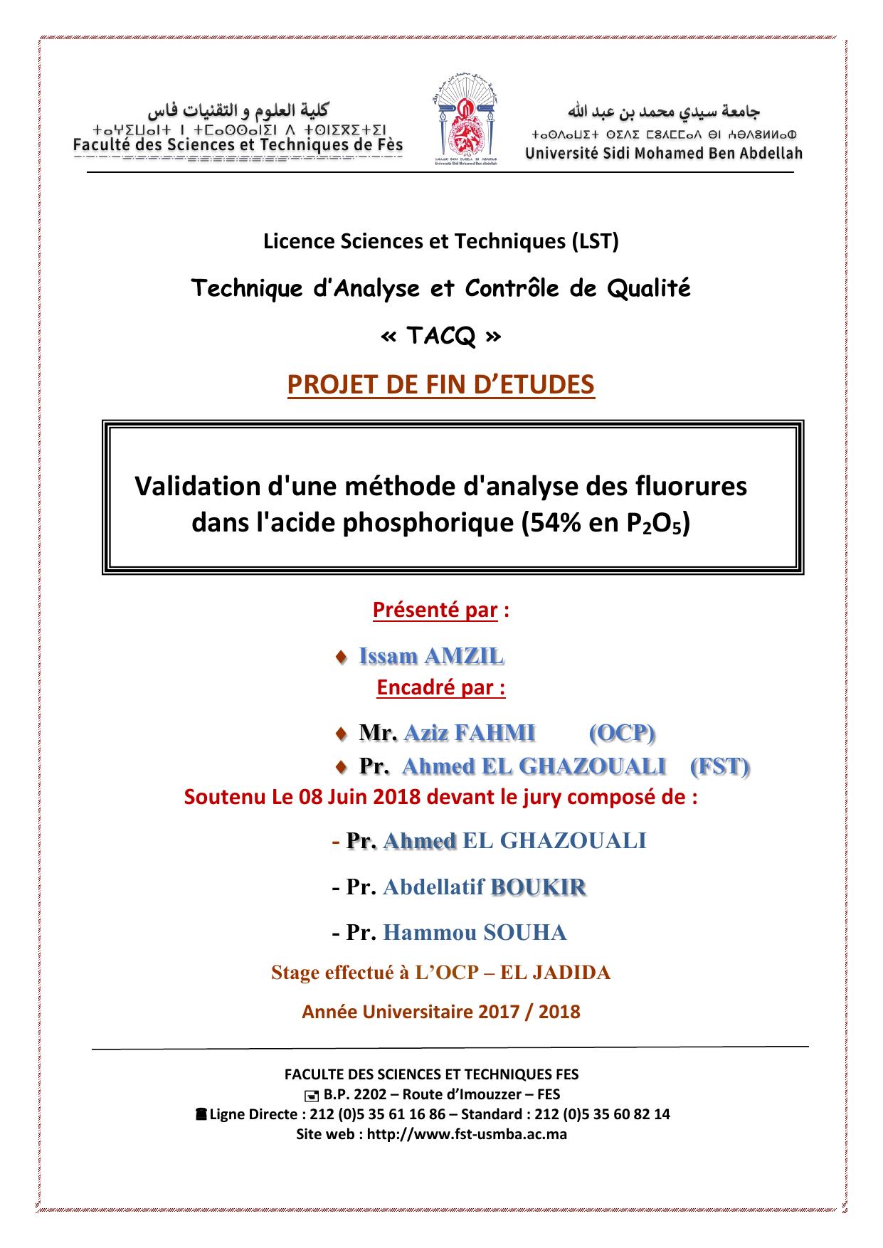 Validation d'une méthode d'analyse des fluorures dans l'acide phosphorique (54% en P2O5)