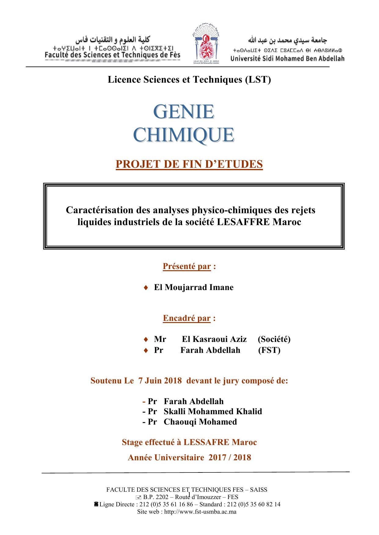 Caractérisation des analyses physico-chimiques des rejets liquides industriels de la société LESAFFRE Maroc