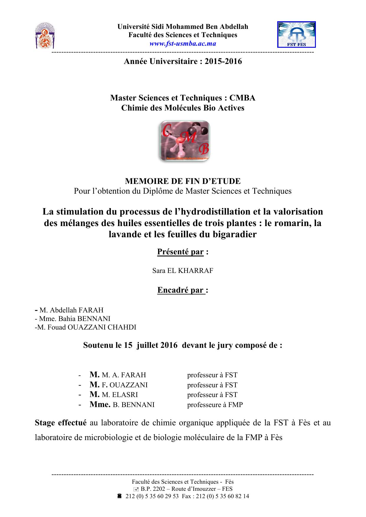 La stimulation du processus de l’hydrodistillation et la valorisation des mélanges des huiles essentielles de trois plantes : le romarin, la lavande et les feuilles du bigaradier