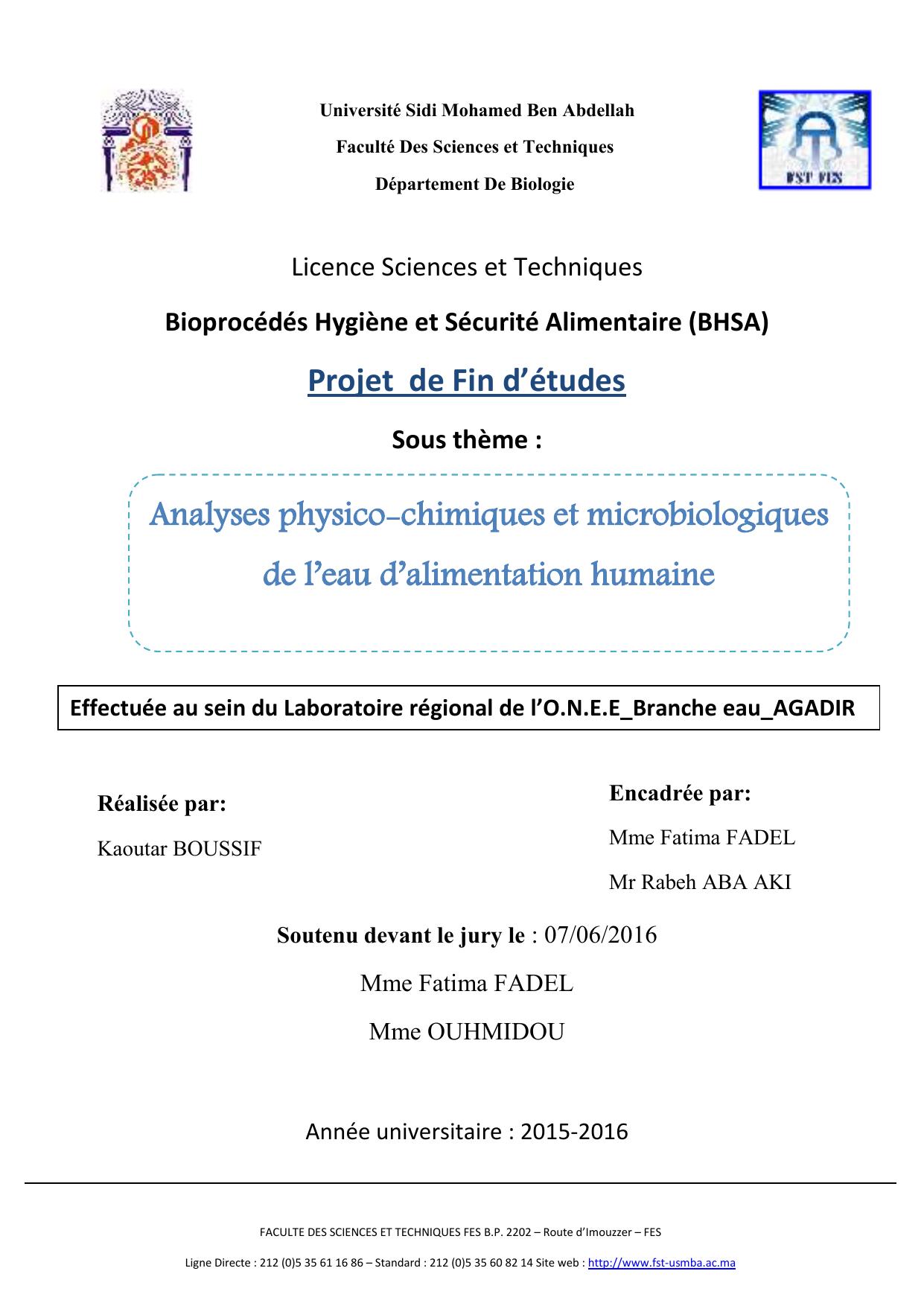 Analyses physico-chimiques et microbiologiques de l’eau d’alimentation humaine