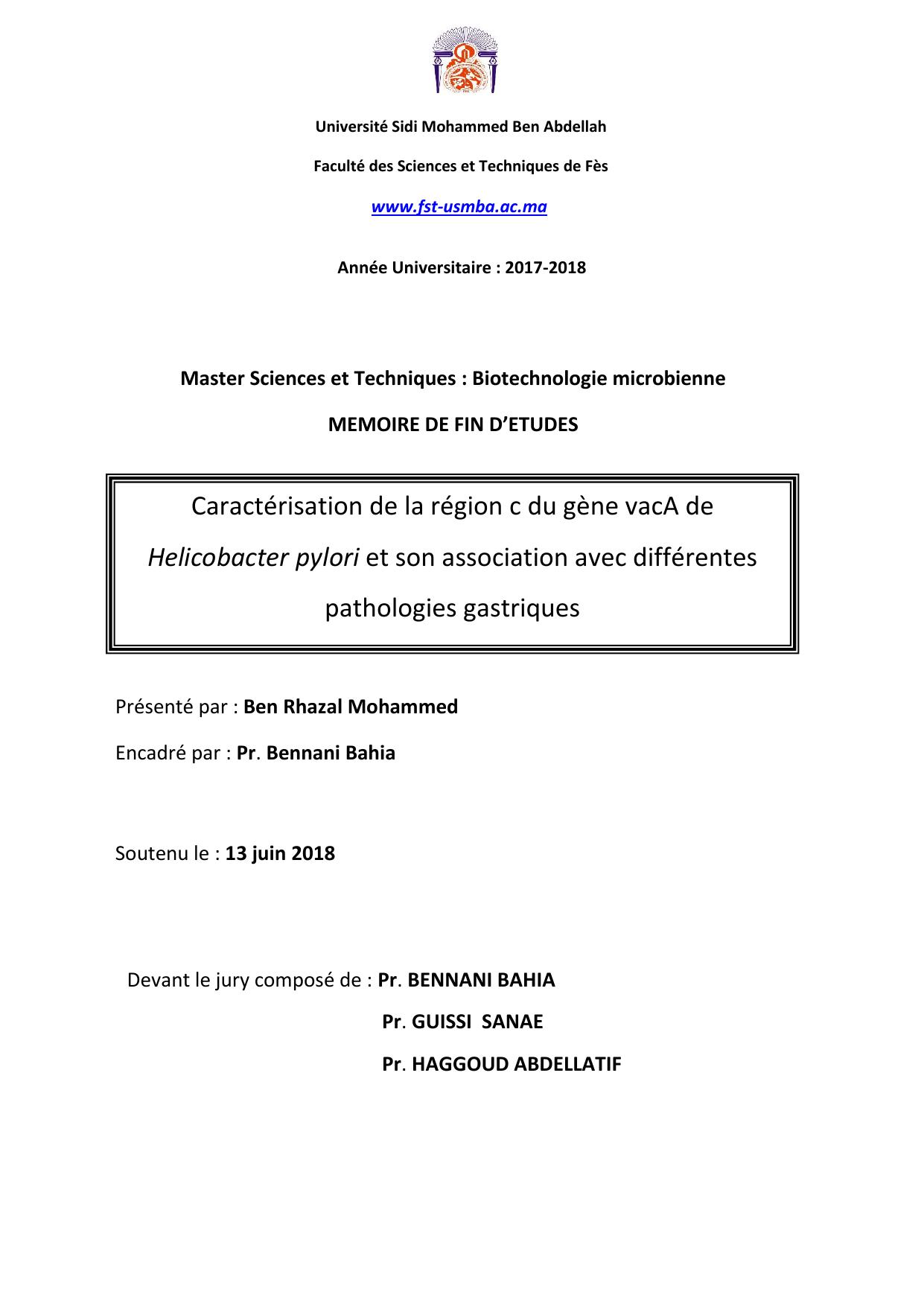 Caractérisation de la région c du gène vacA de Helicobacter pylori et son association avec différentes pathologies gastriques