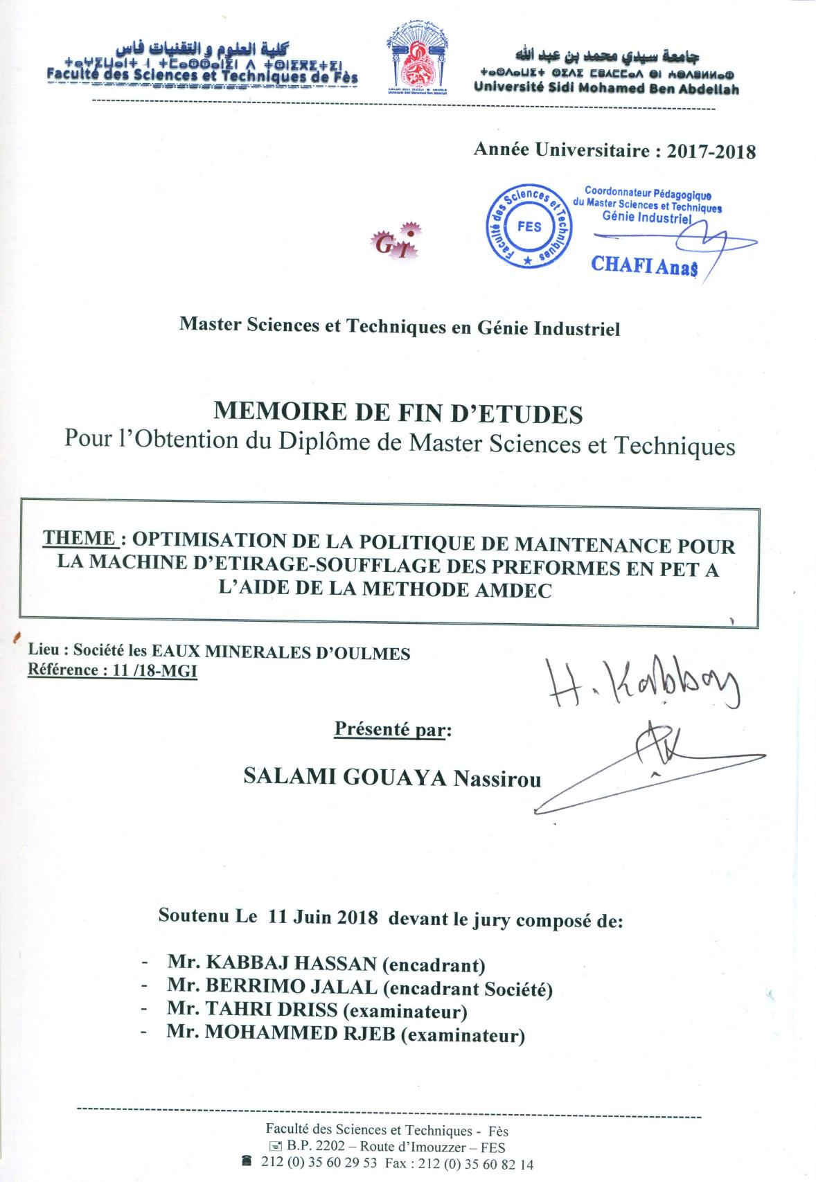 Optimisation de la politique de maintenance pour la machine d'étirage-sougflage des préformes en PET à l'aide de la méthode AMDEC