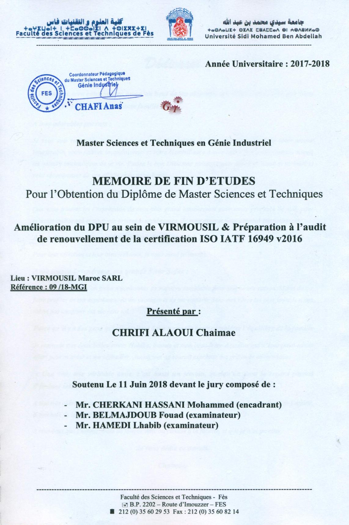 Amélioration du DPU au sein de VIRMOUSIL et préparation à l'audit de renouvellement de la certification ISO IATF 16949 v2016