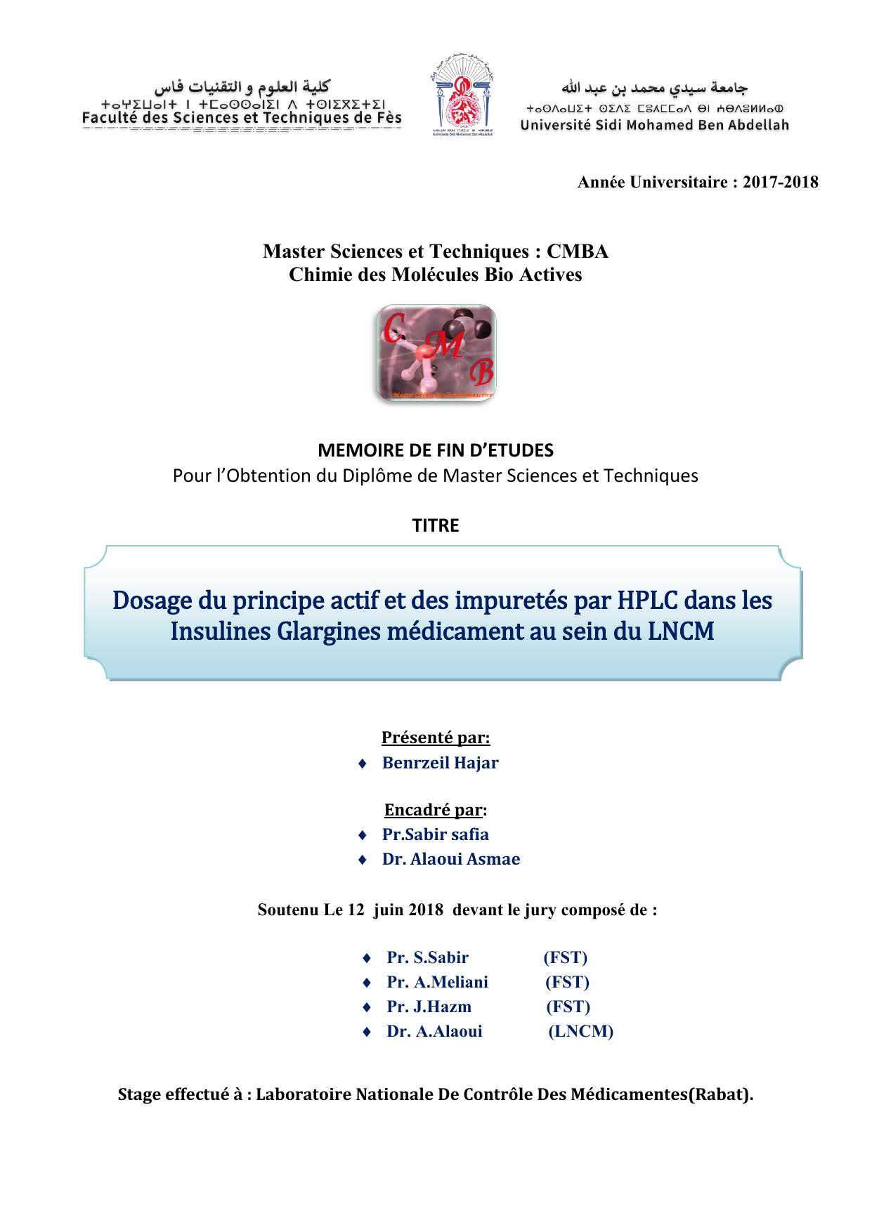 Dosage du principe actif et des impuretés par HPLC dans les Insulines Glargines médicament au sein du LNCM