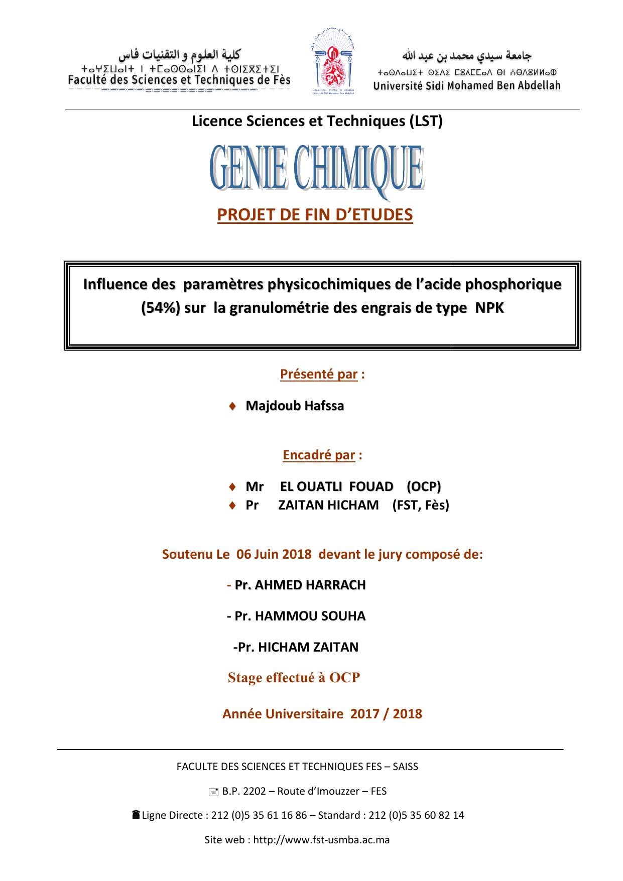 Influence des paramètres physiochimiques de l'acide phosphorique (54%) sur la granulométrie des engrais de type NPK