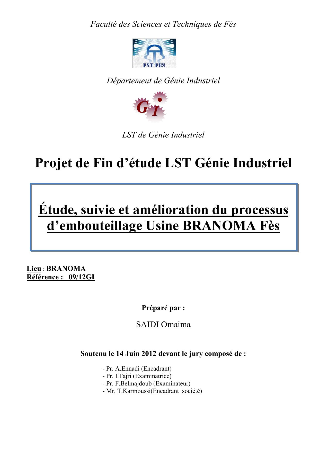 Étude, suivie et amélioration du processus d’embouteillage Usine BRANOMA Fès