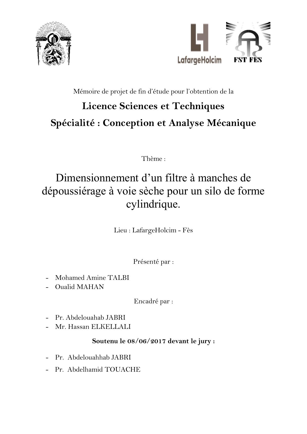 Dimensionnement d’un filtre à manches de dépoussiérage à voie sèche pour un silo de forme cylindrique