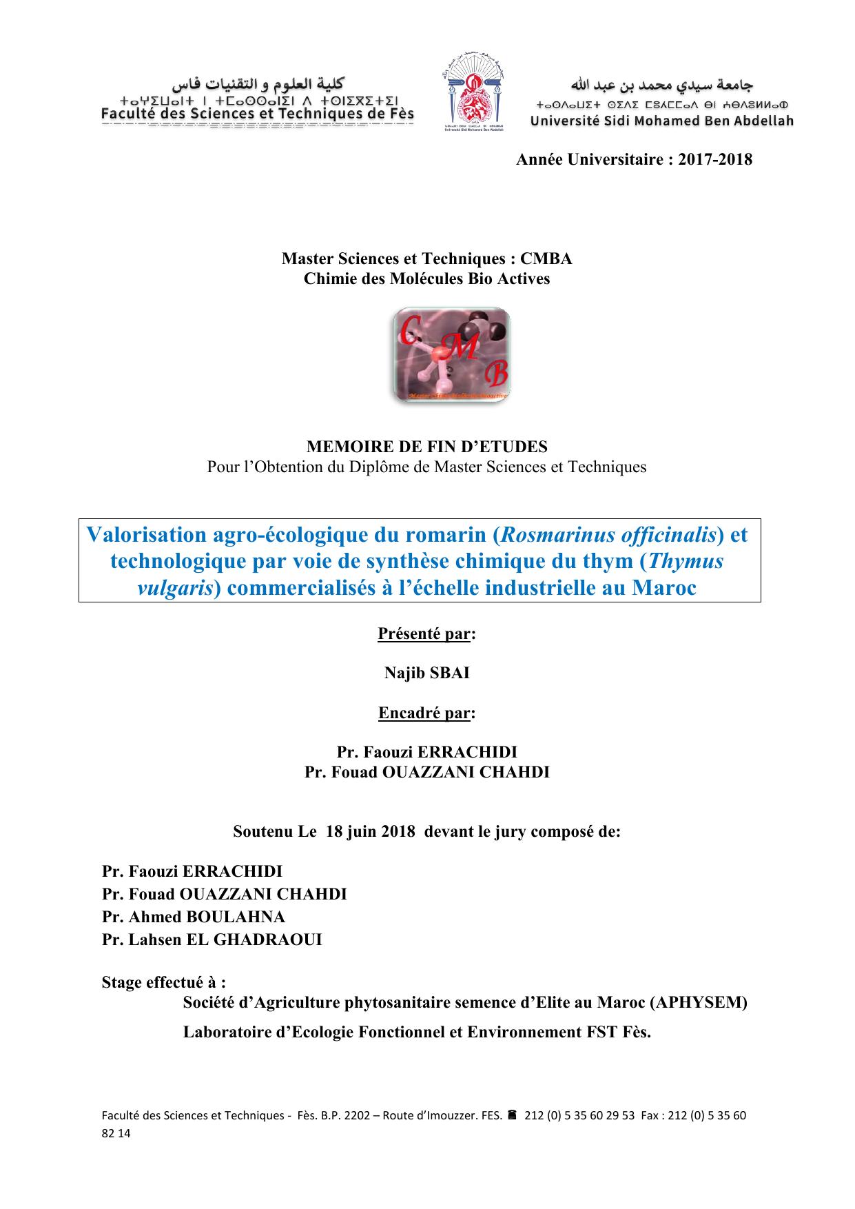 Valorisation agro-écologique du romarin (Rosmarinus officinalis) et technologique par voie de synthèse chimique du thym (Thymus vulgaris) commercialisés à l’échelle industrielle au Maroc