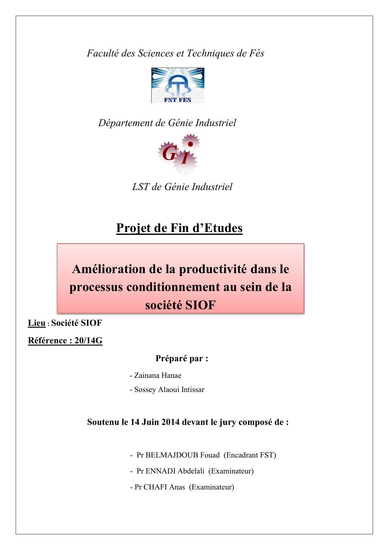 Amélioration de la productivité dans le processus conditionnement au sein de la société SIOF