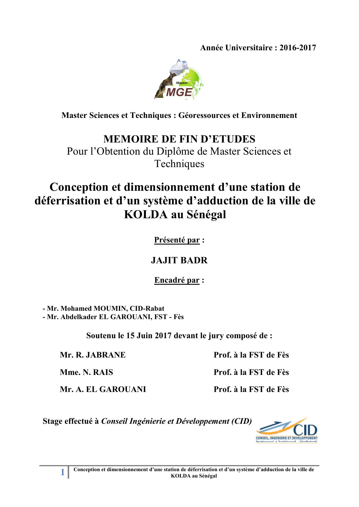 Conception et dimensionnement d’une station de déferrisation et d’un système d’adduction de la ville de KOLDA au Sénégal