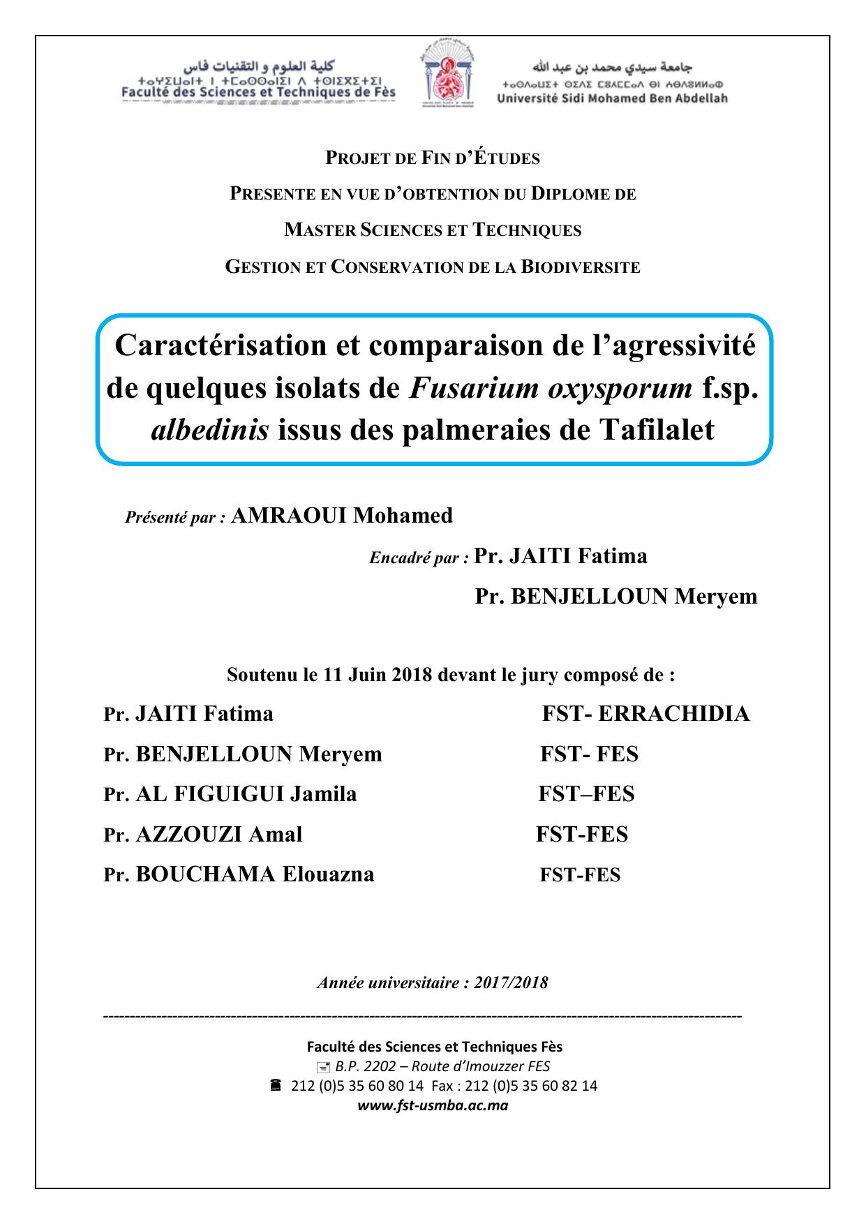 Caractérisation et comparaison de l’agressivité de quelques isolats de Fusarium oxysporum f.sp. albedinis issus des palmeraies de Tafilalet