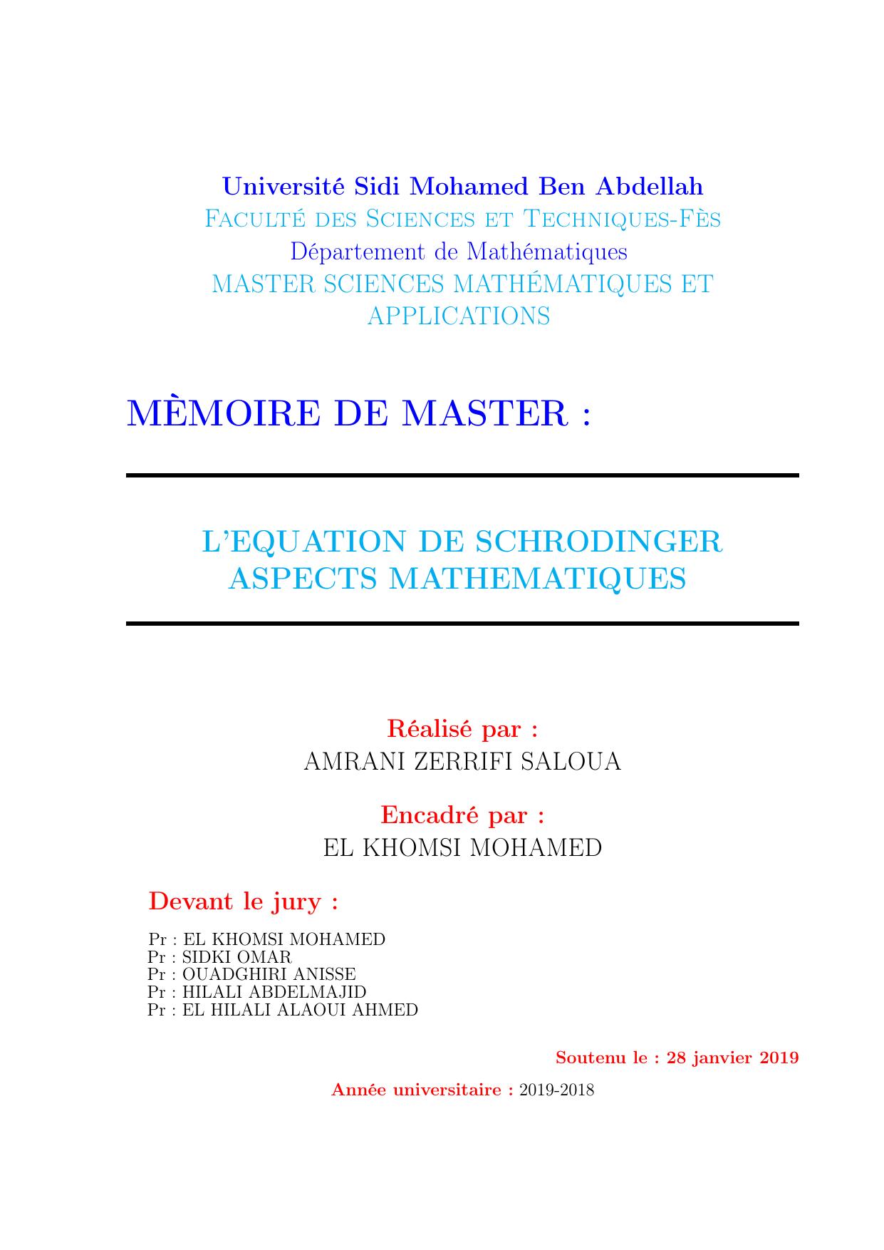 L'équation de Schrodinger aspects mathématiques