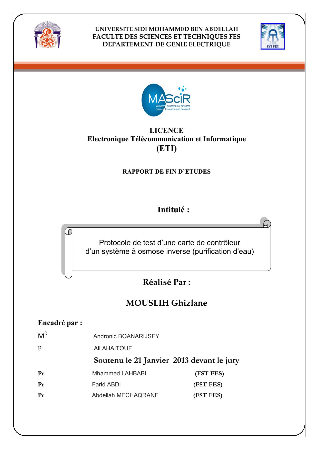 Protocole de test d’une carte de contrôleur d’un système à osmose inverse (purification d’eau)