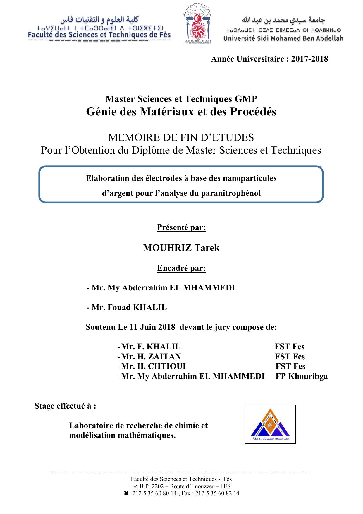 l’Obtention du Diplôme de Master Sciences et Techniques Elaboration des électrodes à base des nanoparticules d’argent pour l’analyse du paranitrophénol