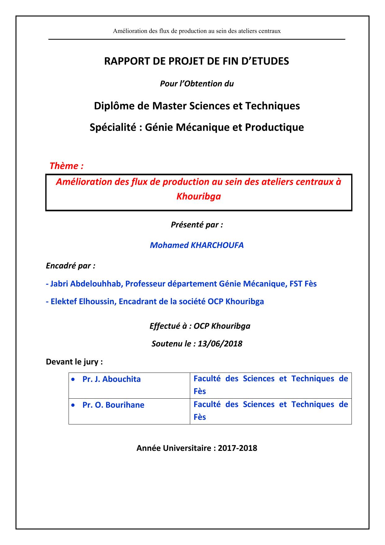 Amélioration des flux de production au sein des ateliers centraux à Khouribga