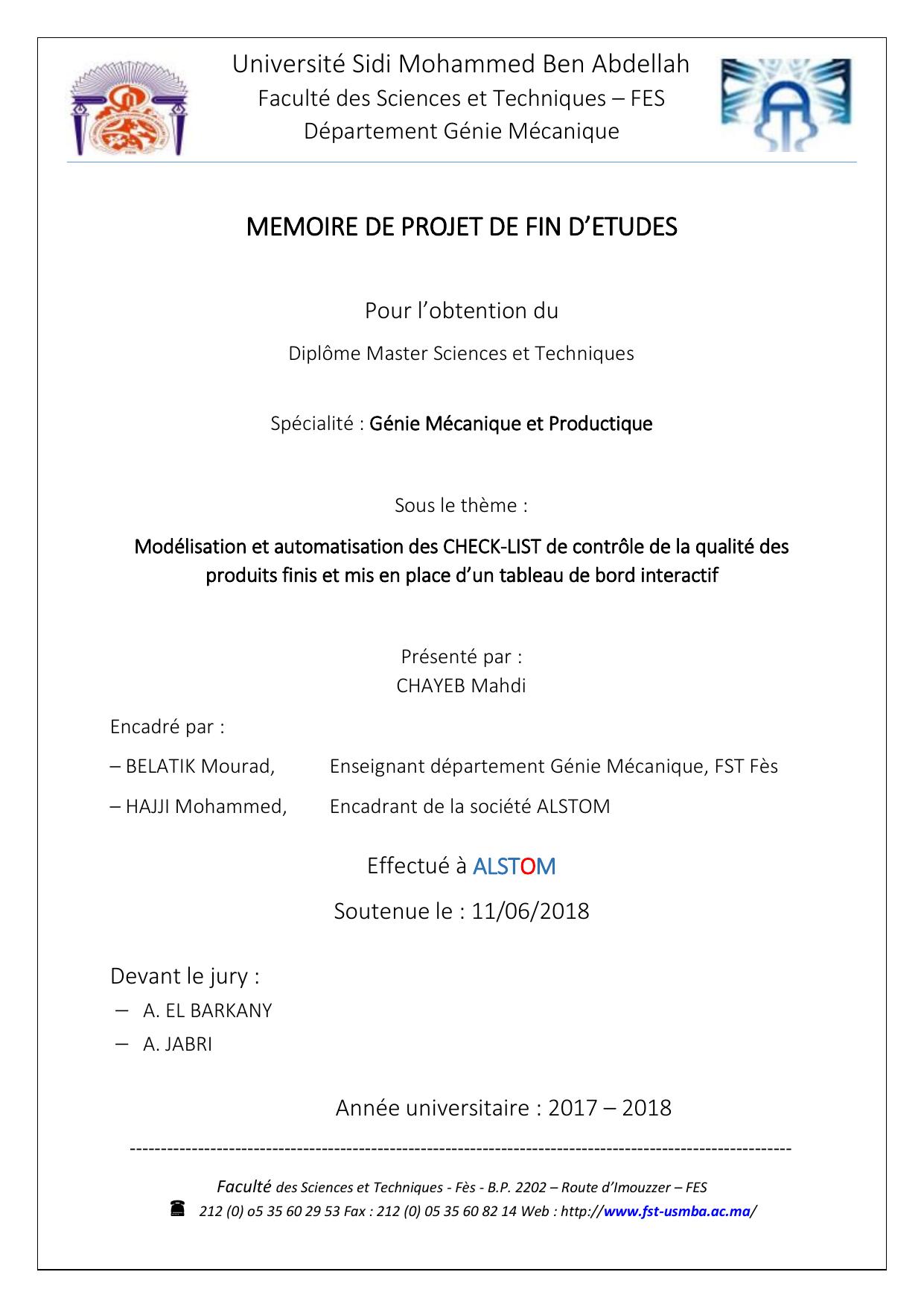 Modélisation et automatisation des CHECK-LIST de contrôle de la qualité des produits finis et mis en place d’un tableau de bord interactif