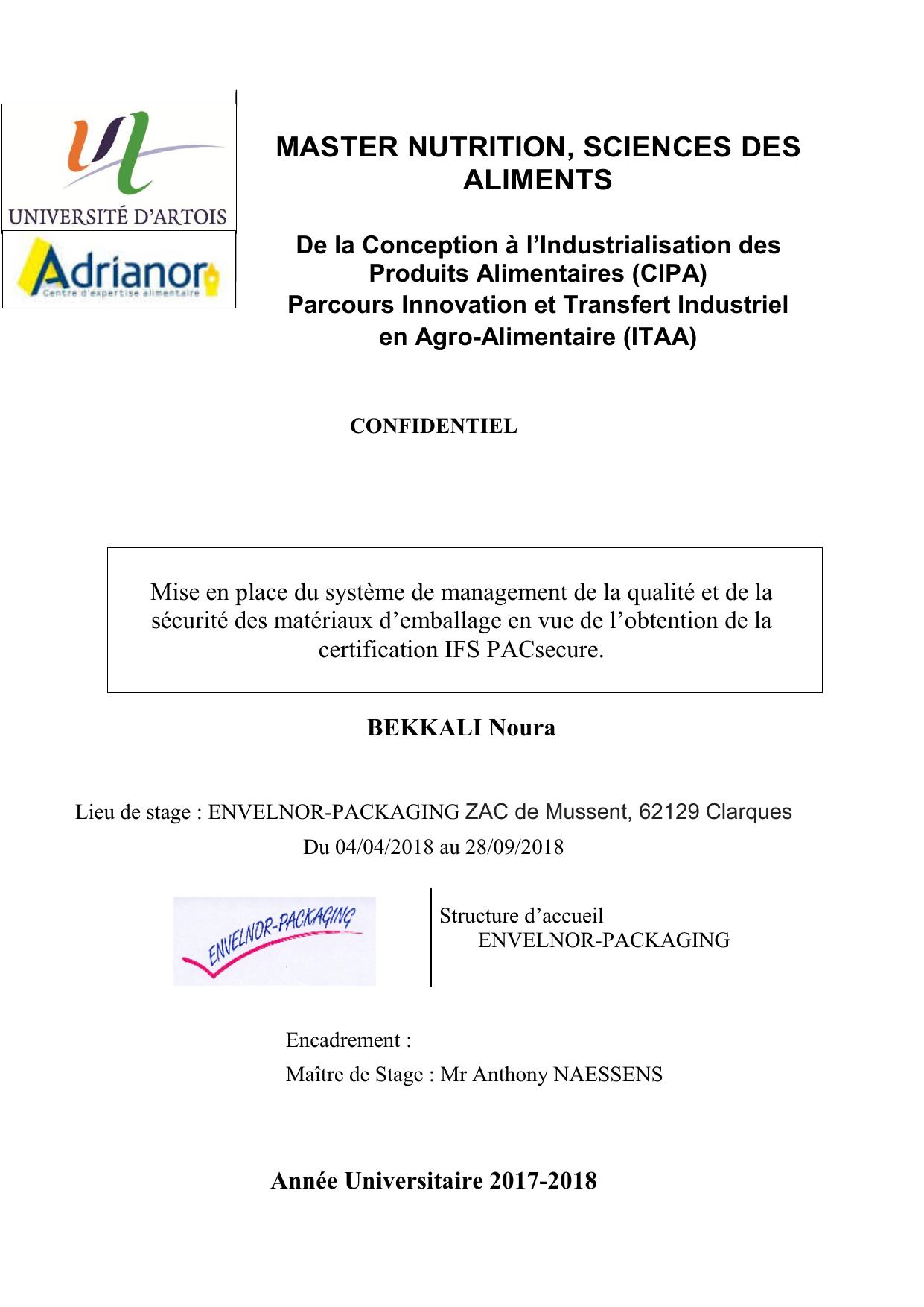 Mise en place du système de management de la qualité et de la sécurité des matériaux d’emballage en vue de l’obtention de la certification IFS PACsecure.