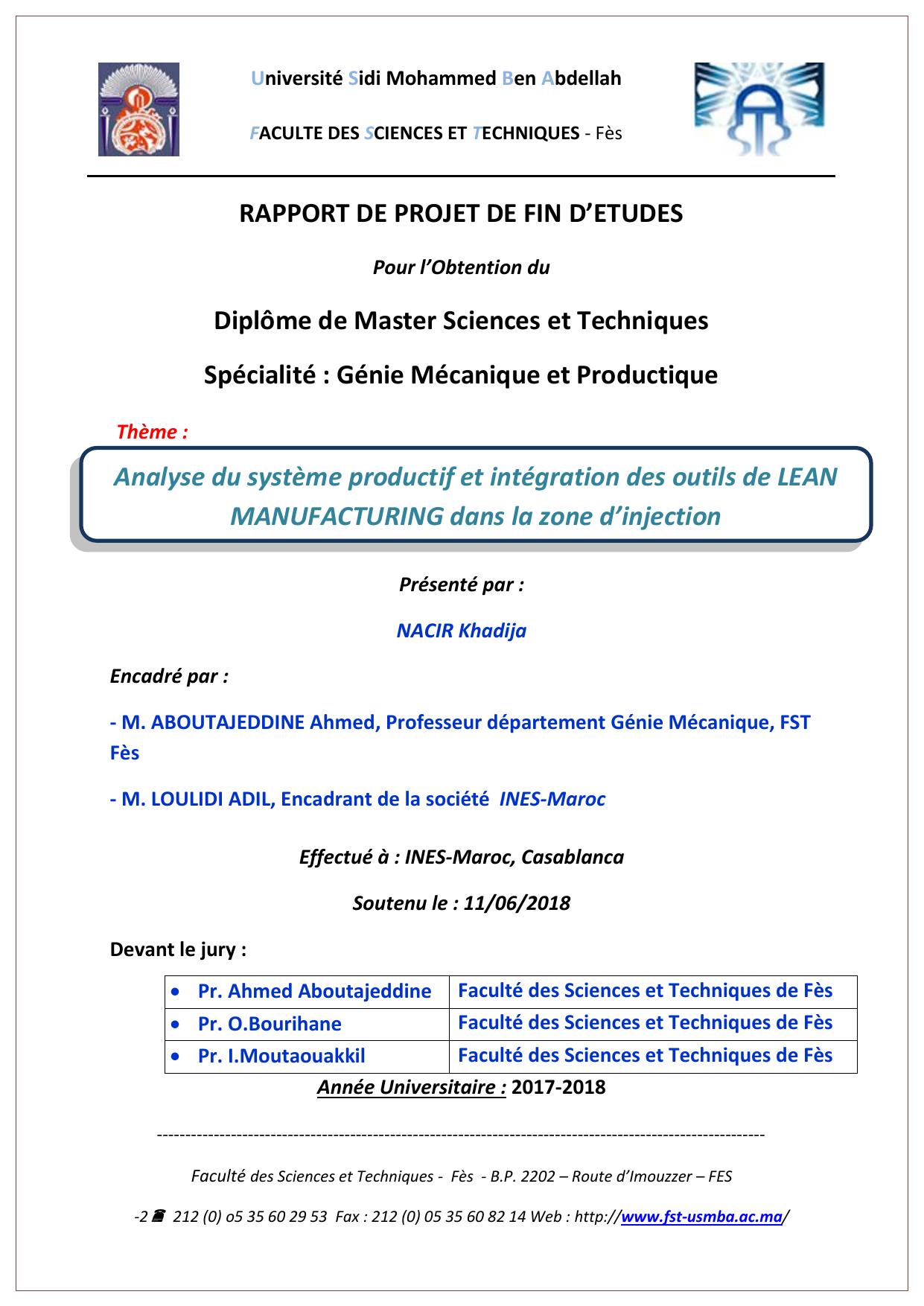 Analyse du système productif et intégration des outils de LEAN MANUFACTURING dans la zone d’injection