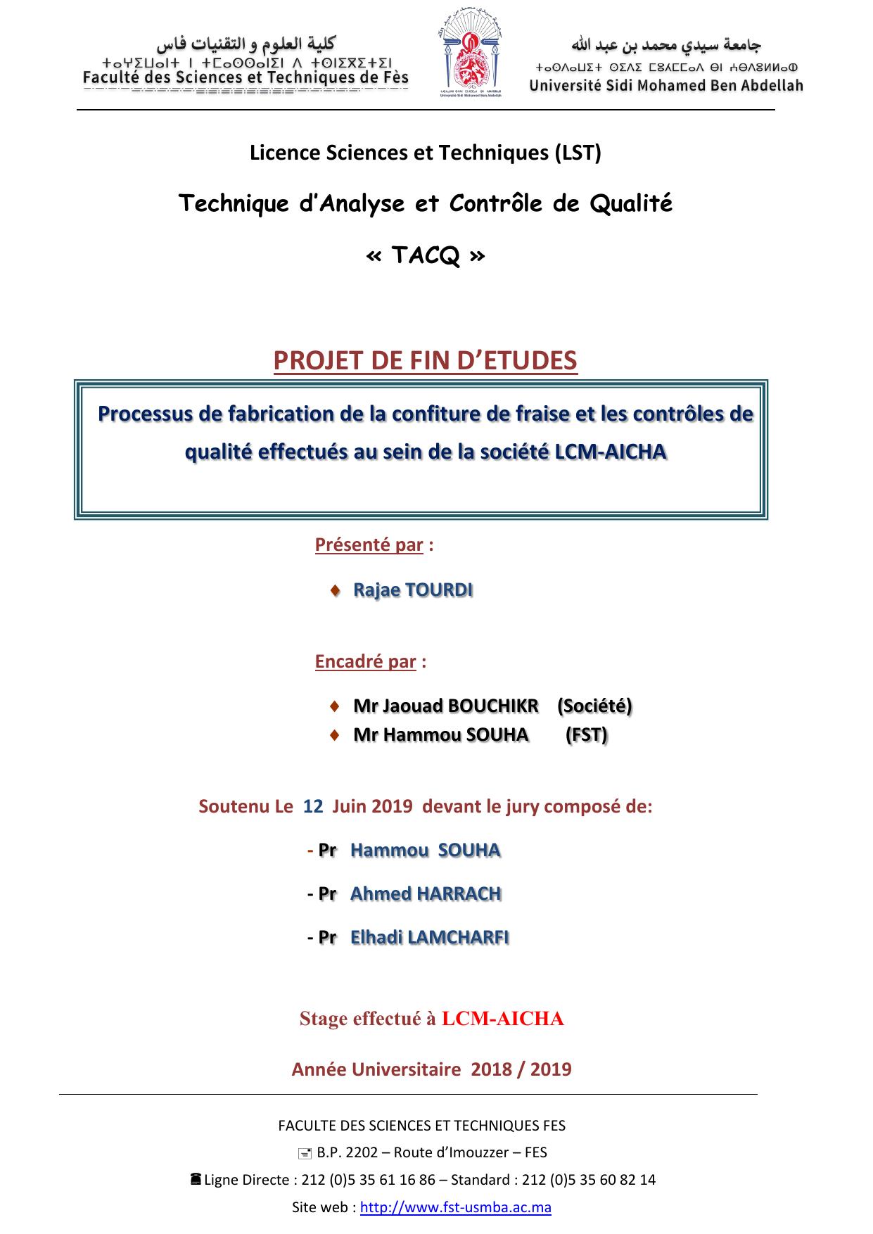 Processus de fabrication de la confiture de fraise et les contrôles de qualité effectués au sein de la société LCM-AICHA